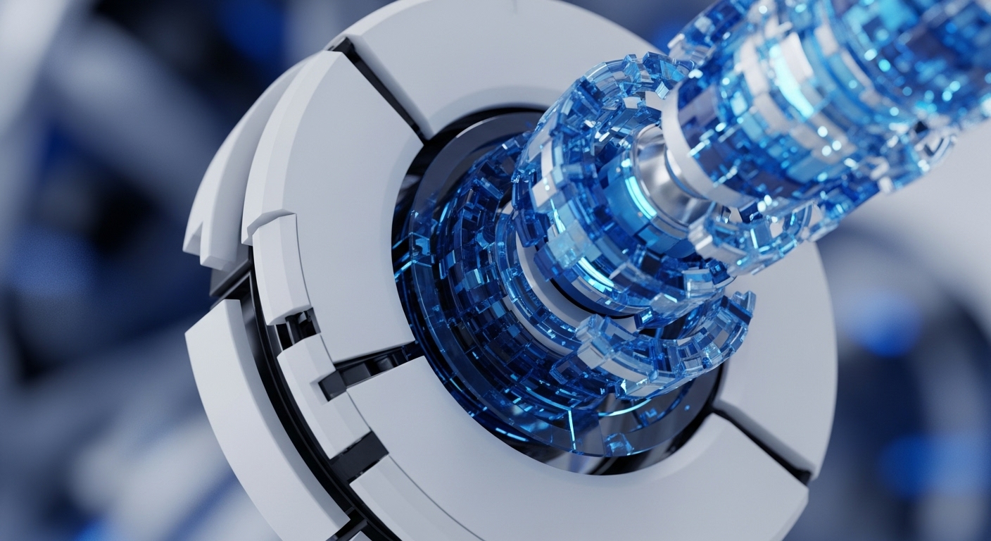 A futuristic, multi-layered white and black circular device prominently features a glowing, intricate blue crystalline core extending into a translucent shaft. The detailed structure suggests an advanced technological component, possibly an energy or data processing unit