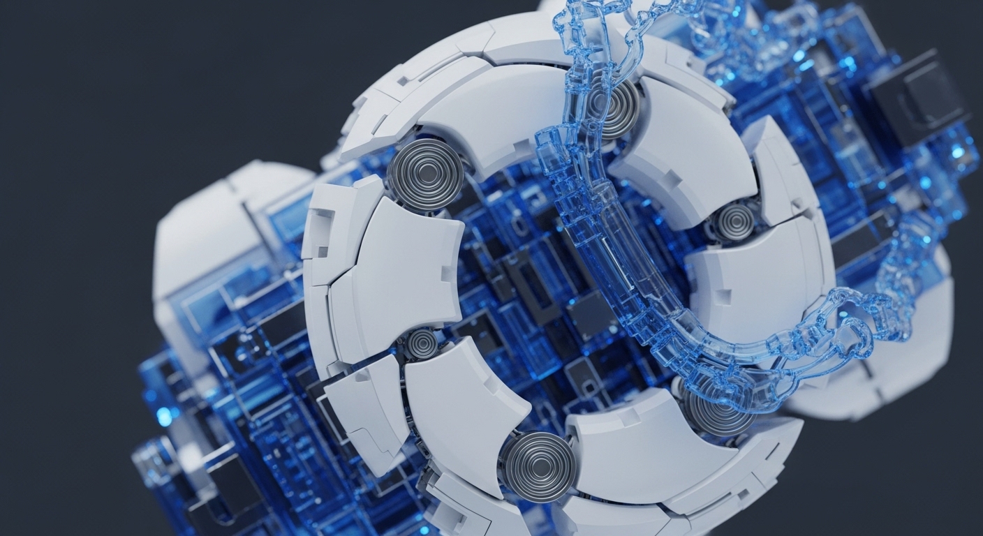 A complex, futuristic mechanical structure is prominently displayed, featuring interconnected white segmented panels that form a spherical, open framework. Transparent blue conduits and glowing elements flow through its intricate core, suggesting active pathways and energy transfer
