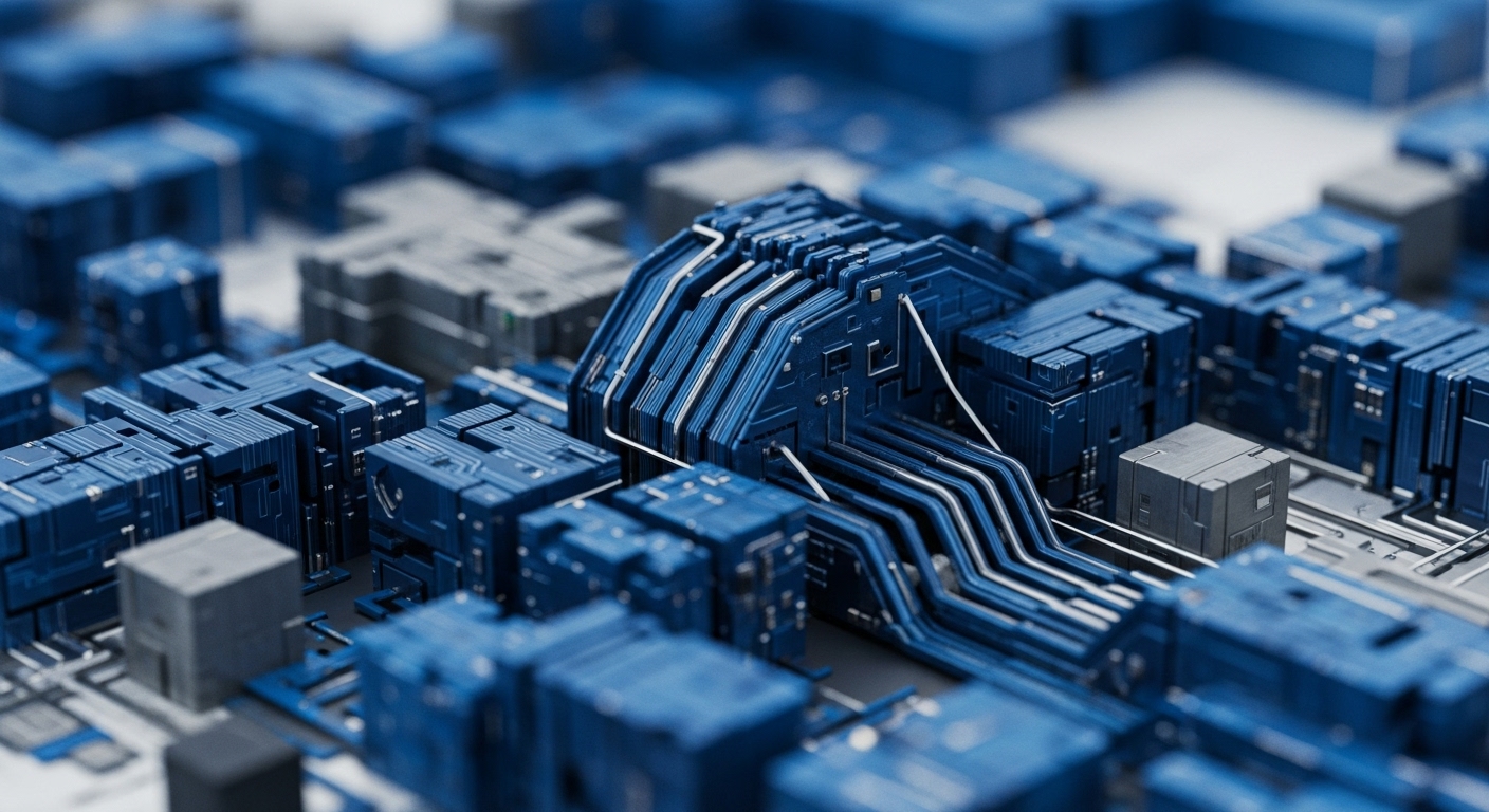 A close-up perspective showcases an array of blue and grey technological components arranged in a dense, interconnected grid. Visible data lines and modular blocks suggest a sophisticated electronic system designed for high-performance operations