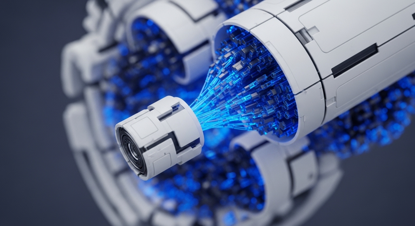 The image showcases white, angular, futuristic hardware components with bright blue, glowing data streams actively flowing between them. A prominent central module connects to a larger cylindrical structure, with numerous luminous blue filaments converging and extending outwards, representing dynamic data transmission within a high-performance system