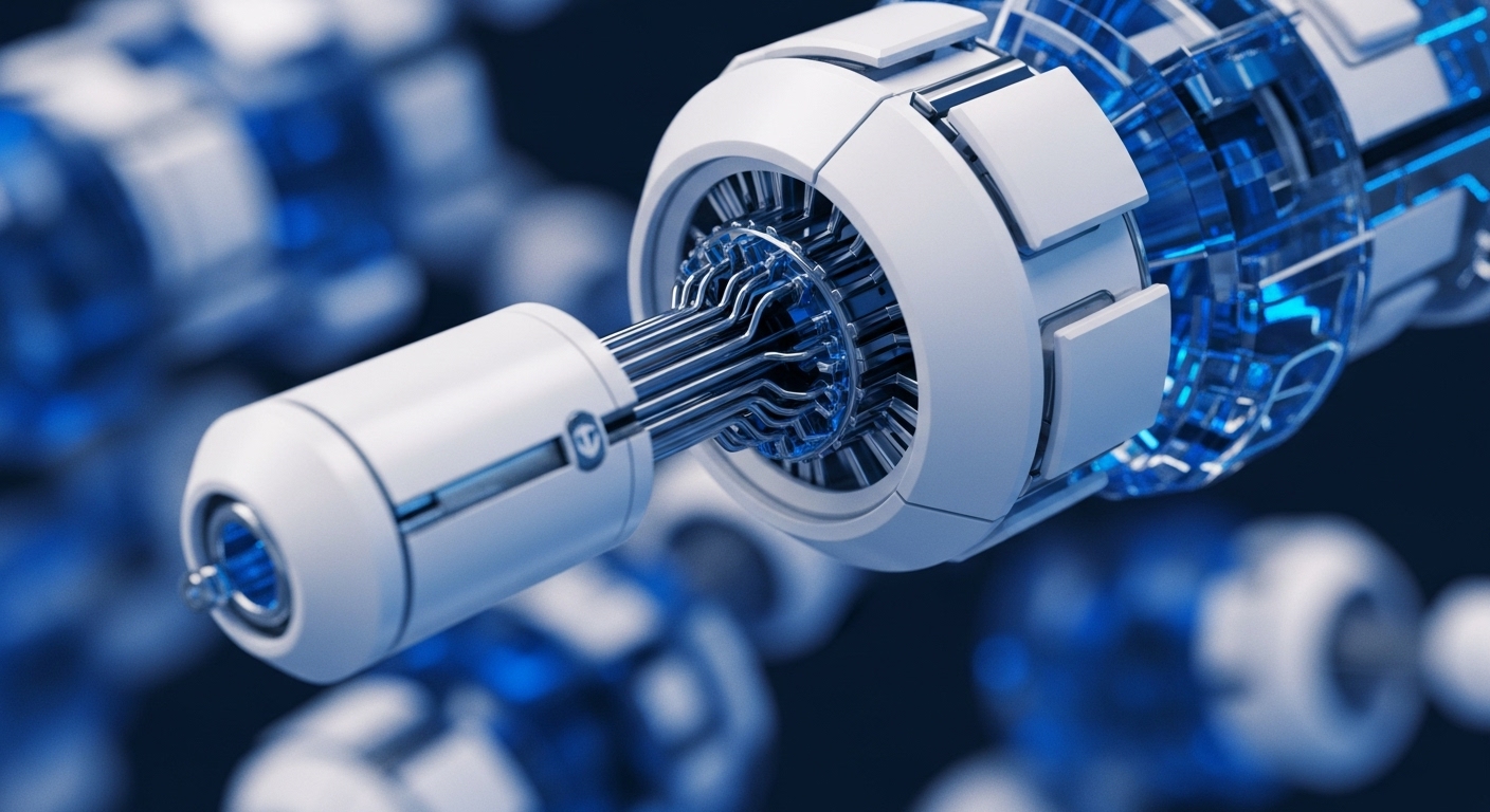 The image displays a close-up of a white, cylindrical technological component connected by numerous metallic conduits to a larger, more complex hub. This hub features white external panels and a translucent blue internal structure, revealing intricate glowing circuitry