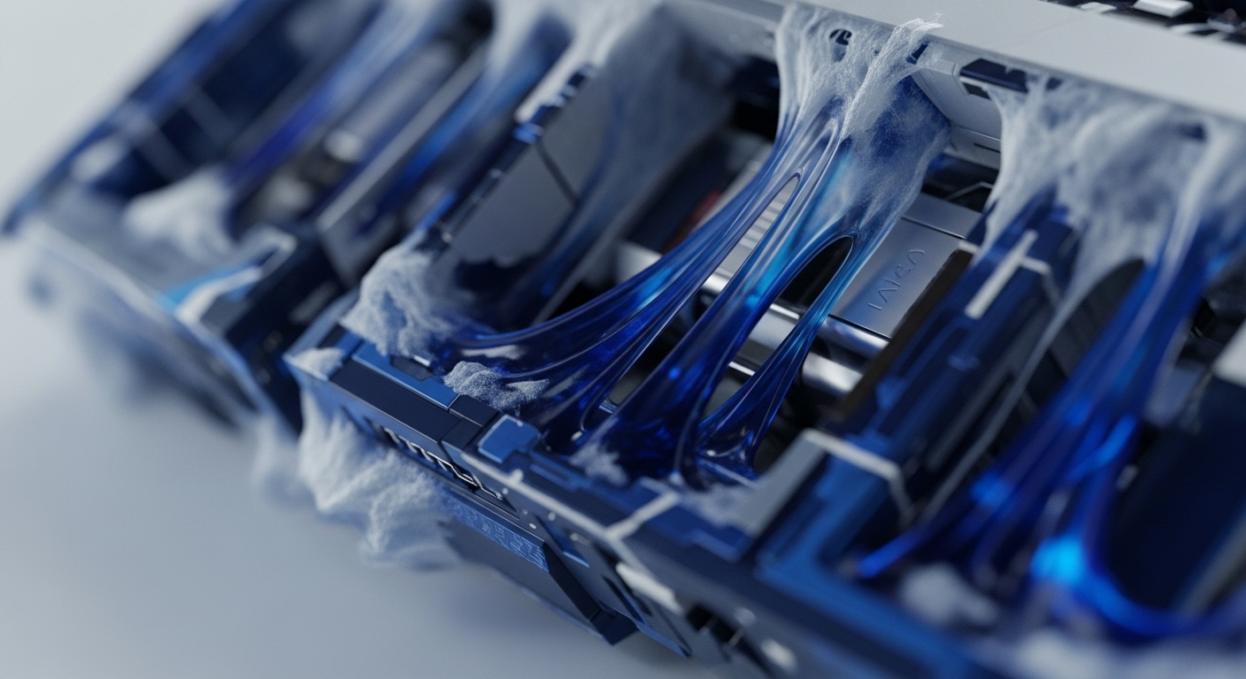 The image prominently displays multiple blue-toned, metallic hardware modules, possibly server racks or specialized computing units, arranged in a linear sequence. A striking blue, translucent, gel-like substance flows dynamically between these components, while white, fibrous material adheres to their surfaces