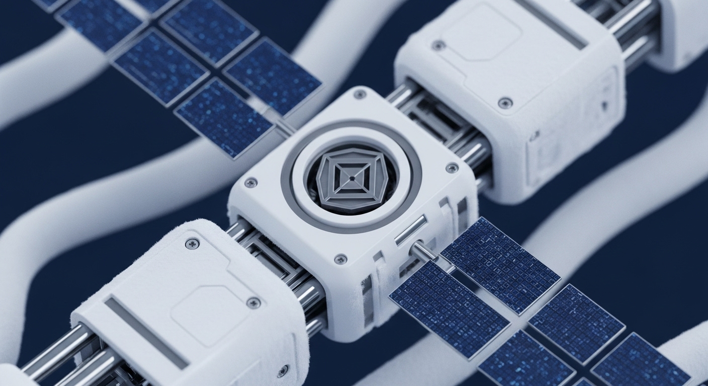 A sophisticated white modular structure with intricate blue data panels is depicted against a dark blue background. The central hub and connecting segments feature visible metallic components and precise screw fastenings, indicating a high-tech assembly