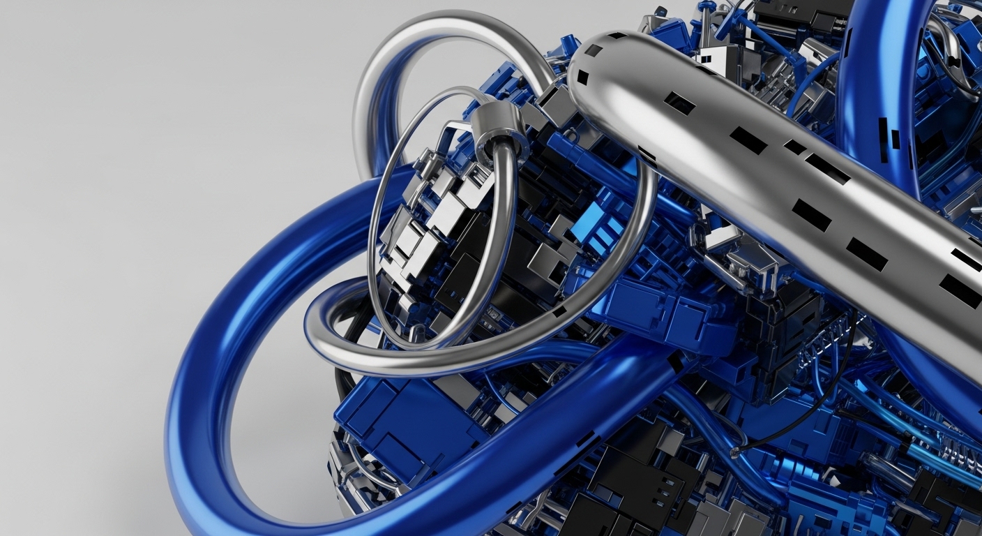 The image displays a detailed abstract composition of interconnected metallic and blue elements. Shiny silver and vibrant blue tubular forms intertwine with numerous smaller, angular silver, black, and electric blue modular units, all set against a clean light grey background