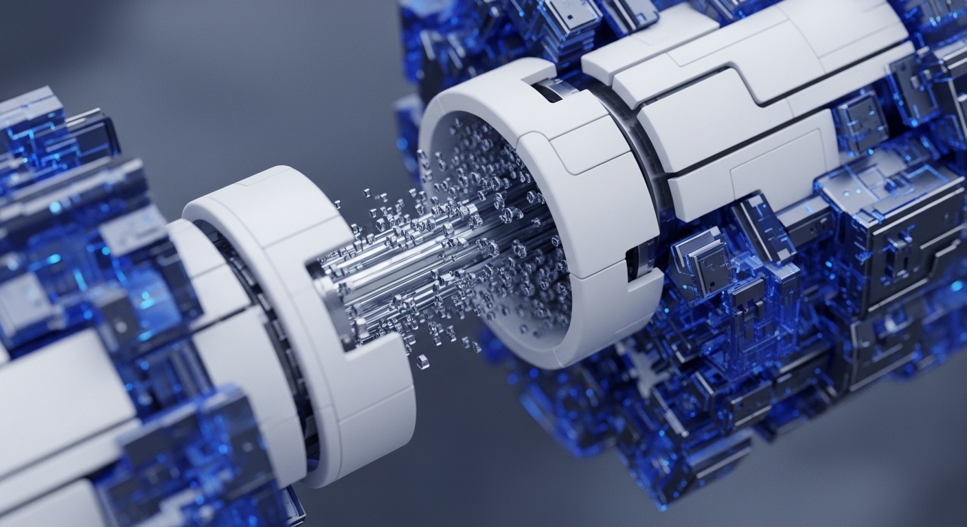Two sophisticated modular components, crafted in white and metallic finishes with vibrant blue luminous elements, are depicted in a dynamic state of connection, exchanging intricate data streams. From one module, a dense cluster of metallic, crystalline data packets and cryptographic primitives emanates, suggesting active information transfer