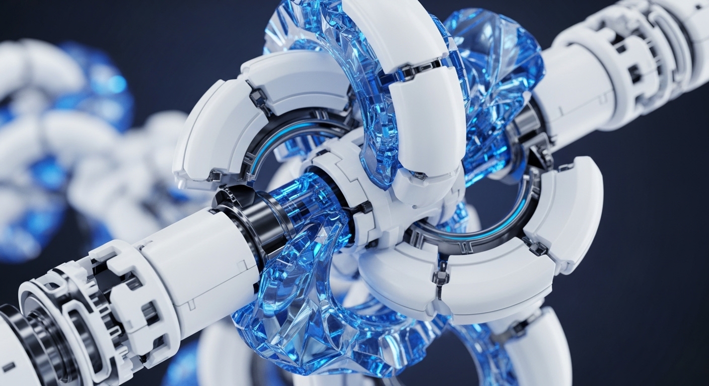 A futuristic network of white, modular mechanical components is intricately linked by luminous, crystalline blue structures against a dark background. The central focus highlights a complex junction where multiple connections converge, revealing detailed internal mechanisms
