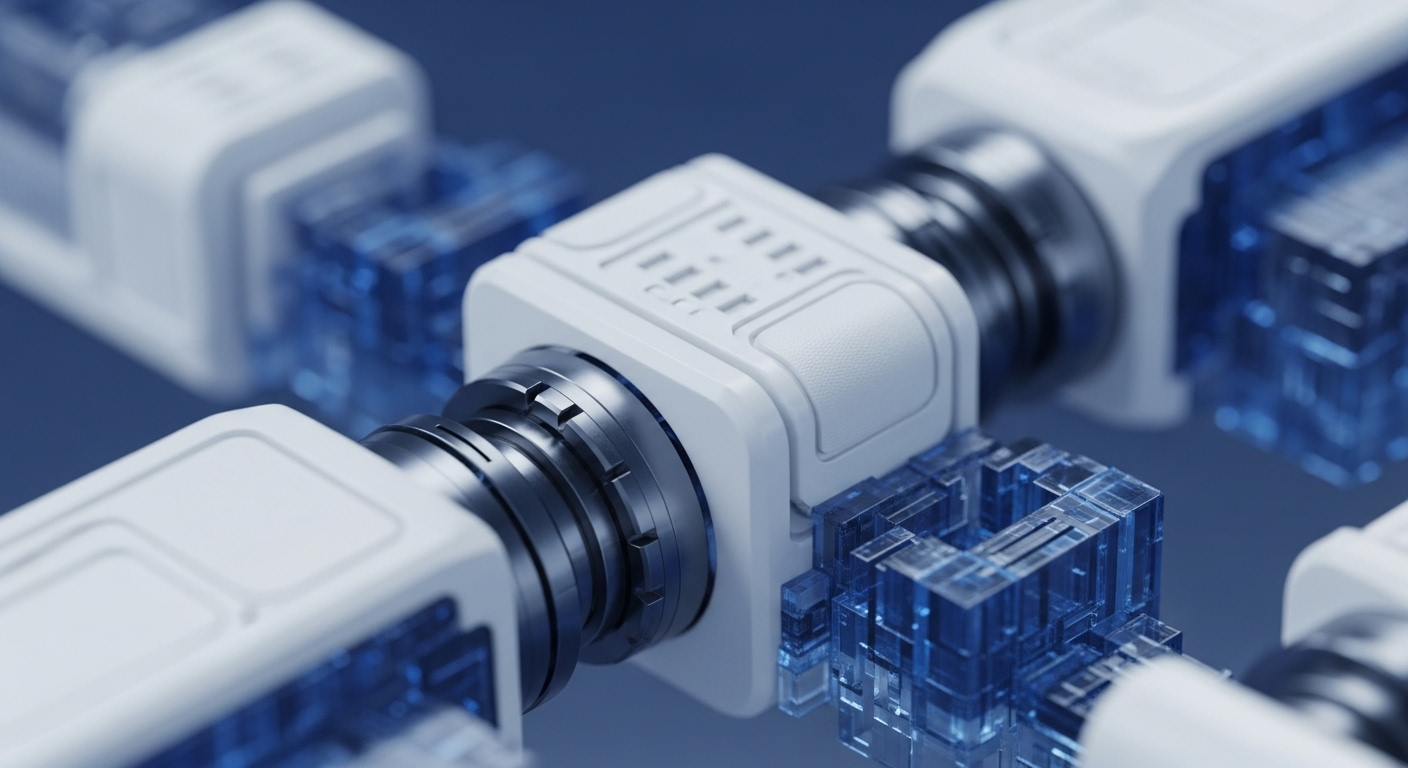 The image features a close-up of interconnected white modular units with metallic screw-like connectors. Transparent, glowing blue cubic structures, appearing as digital data, are embedded within and around these units against a blue background