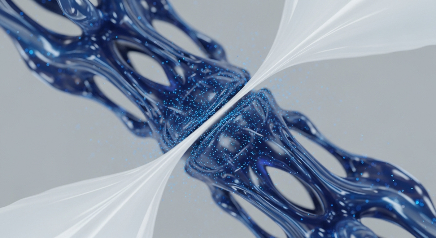 The image displays two abstract, dark blue, translucent structures, intricately speckled with bright blue particles, converging in a dynamic interaction. A luminous white, flowing element precisely bisects and connects these forms, creating a visual pathway, suggesting a secure data channel