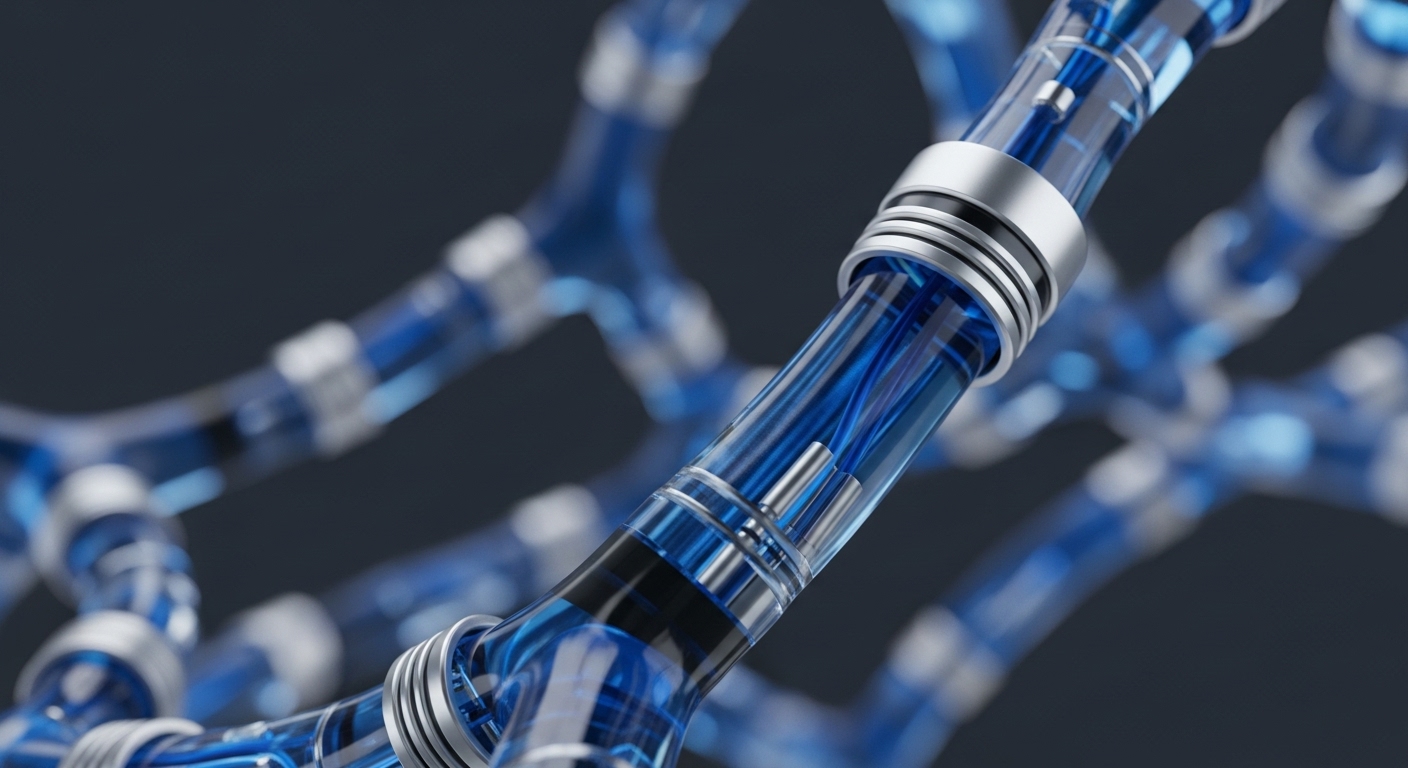 The visual presents a sophisticated network of translucent blue conduits, intricately connected by metallic silver bands, showcasing internal blue strands within a dark background. The central conduit is in sharp focus, revealing detailed internal components, while other network branches softly blur into the background