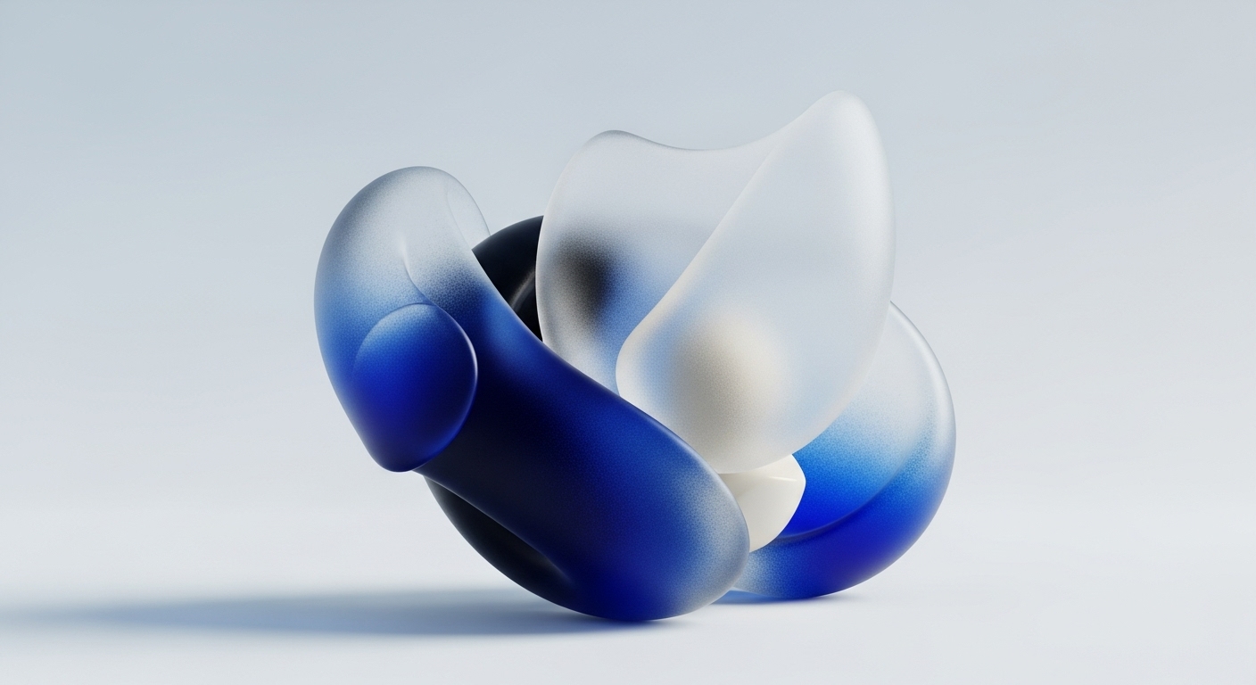 This abstract composition showcases fluid, interconnected forms rendered in frosted translucent white and deep gradient blue. The organic shapes interlace, creating a dynamic three-dimensional structure with soft, diffused lighting