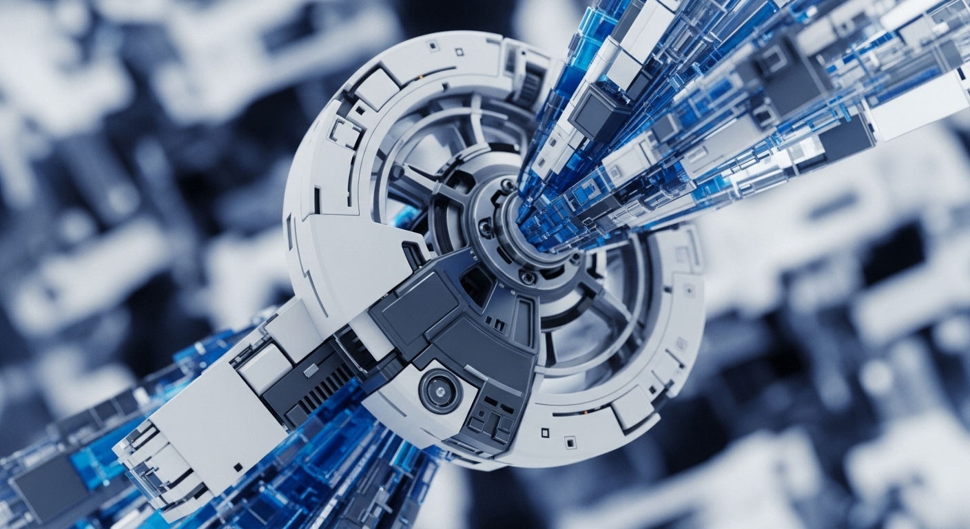 The image displays a detailed, futuristic digital mechanism featuring a central circular structure in white and dark grey, with numerous translucent blue rectangular elements extending outwards. These blue elements form dynamic pathways, suggesting rapid data flow within a complex, interconnected system