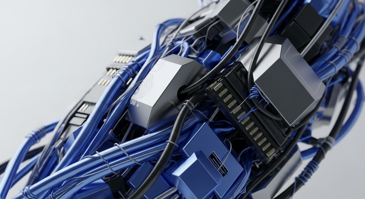 A close-up view reveals a dense, abstract network composed of intertwined metallic blue conduits, dark insulated wires, and various geometric metallic components. Integrated within this structure are several connector blocks featuring gold-colored pins, resembling high-density data transfer interfaces