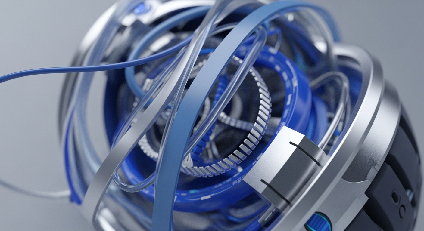 A detailed view presents a complex, spherical structure composed of intertwined metallic and blue elements, featuring smooth bands, textured rings, and tubular conduits. The intricate arrangement suggests a sophisticated technological system, with a prominent silver block on the right resembling a data interface