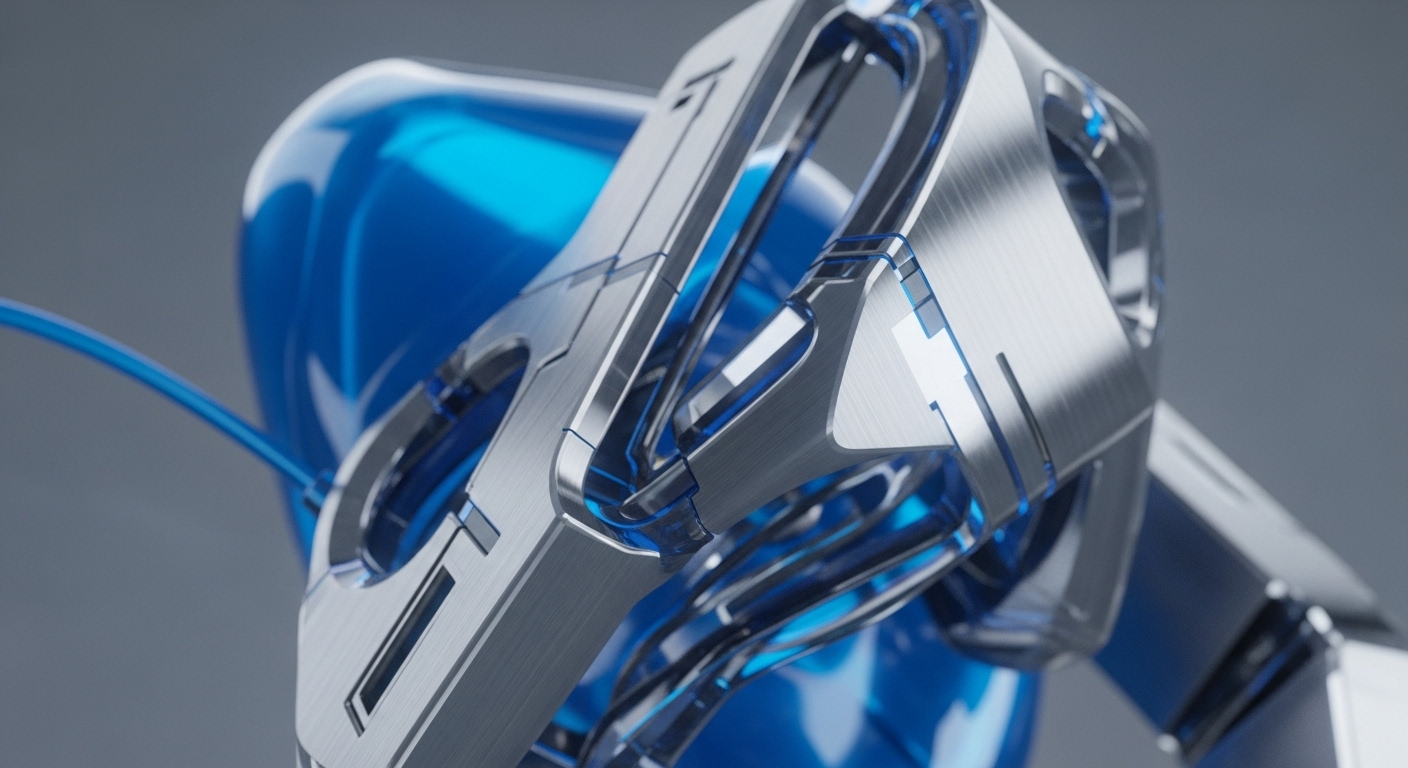 A close-up view reveals a futuristic, high-tech structure featuring brushed silver metallic components intricately interwoven with glowing, translucent blue elements. The composition highlights angular, precise engineering against a soft grey background, emphasizing detail and depth