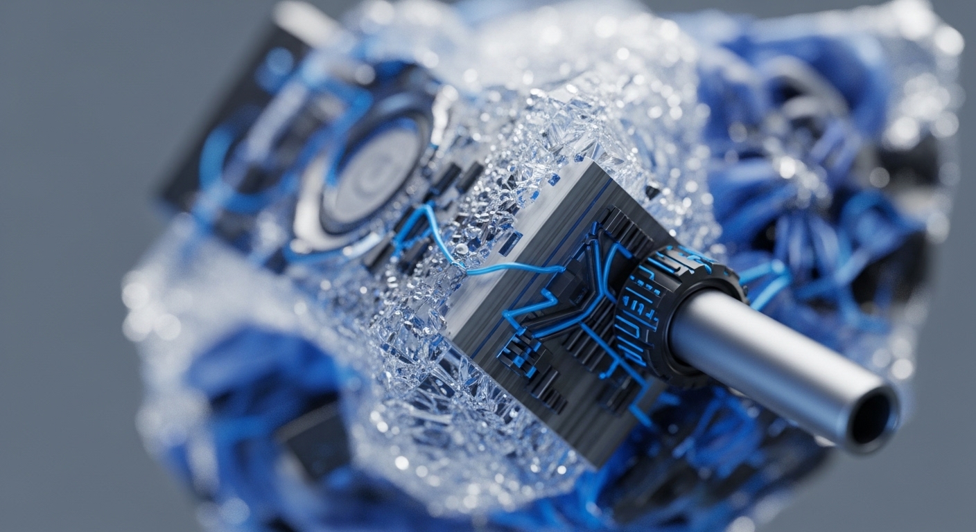 The detailed composition showcases a technological device partially encased in a textured, crystalline material, featuring glowing blue lines connecting various dark, metallic circuit elements. A prominent silver cylindrical component extends from the right side, integrated into the complex structure