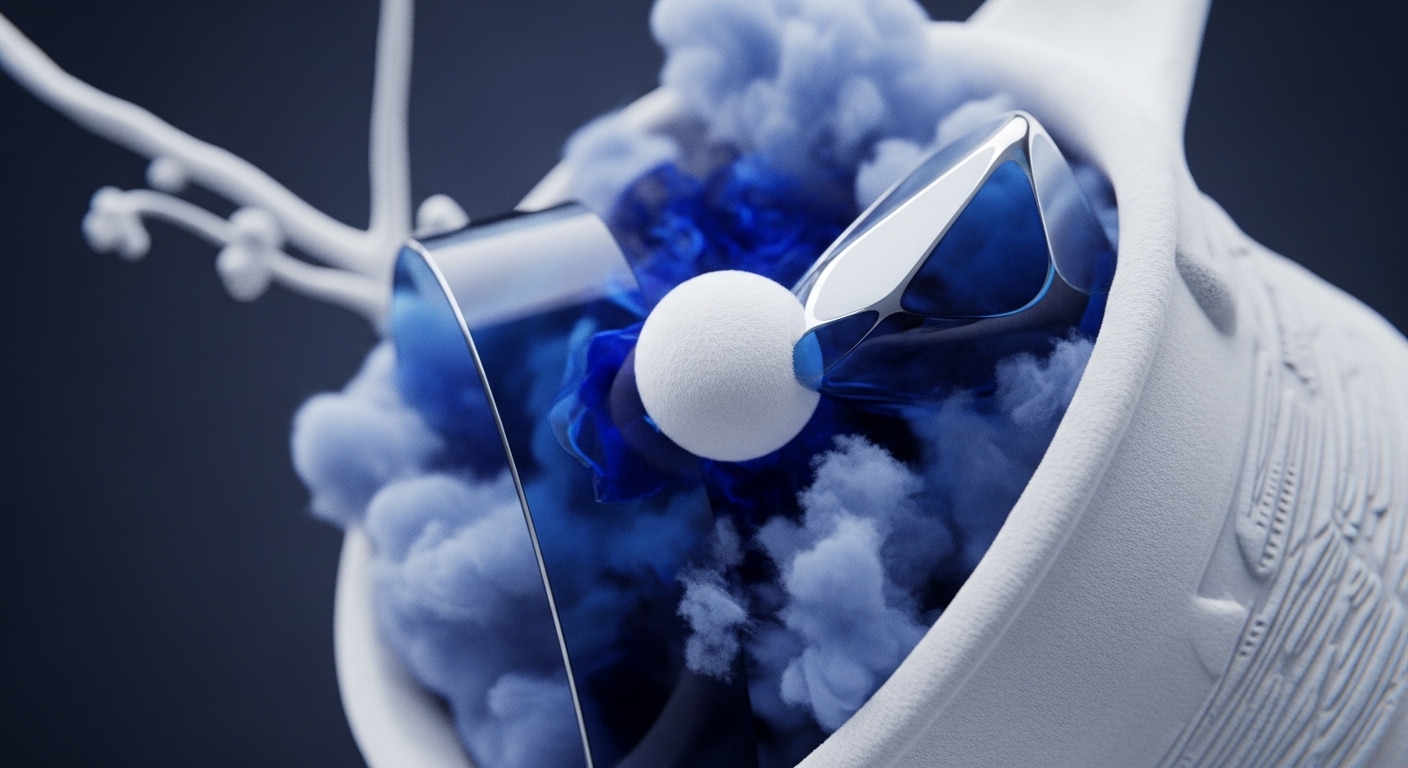 The image displays a complex abstract composition dominated by white and blue tones. A central fuzzy white sphere is surrounded by swirling blue and white smoke, intertwined with sleek, reflective blue and silver metallic forms
