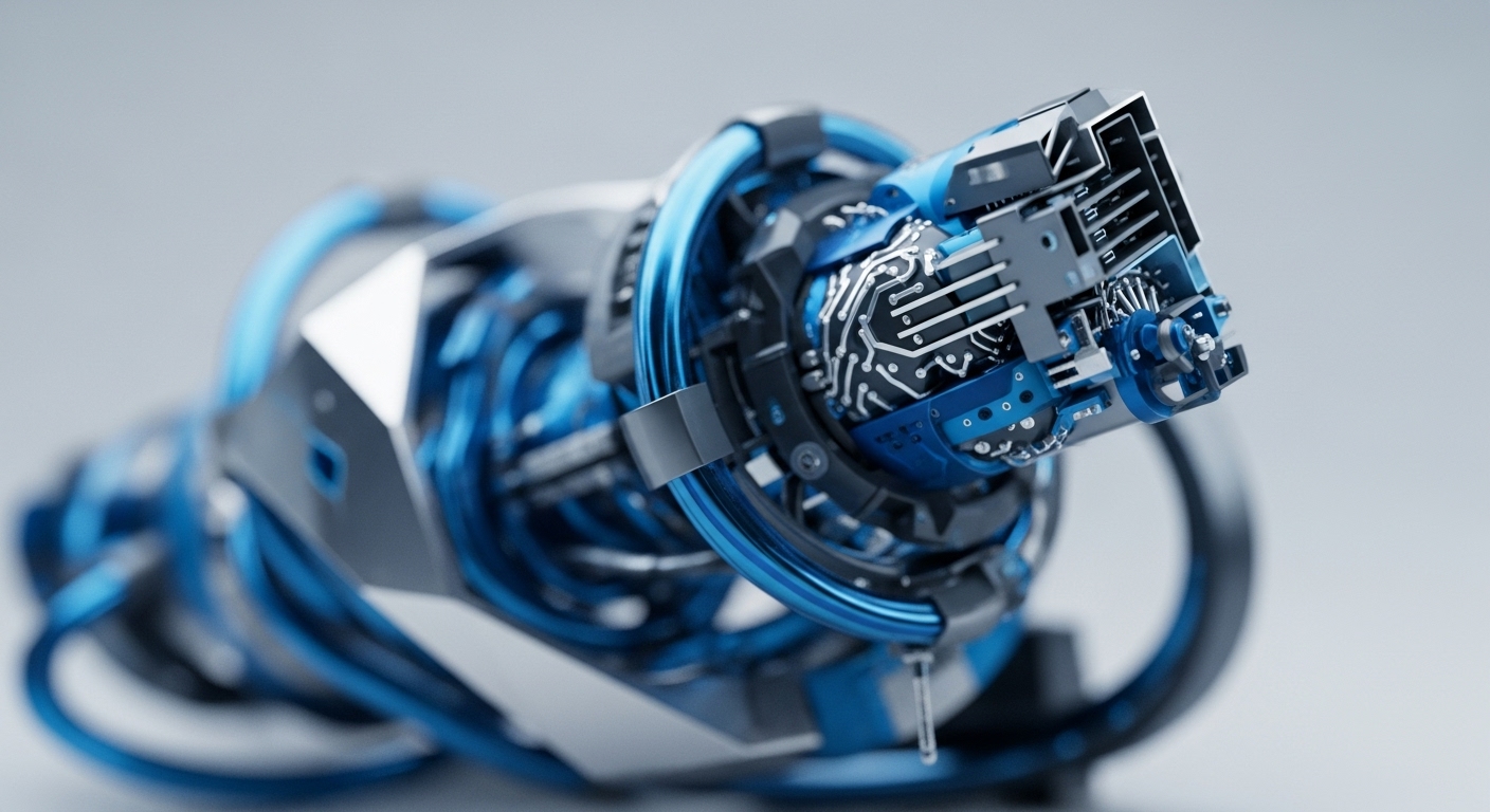 The image presents a highly detailed, close-up perspective of a sophisticated mechanical device, featuring prominent metallic silver components intertwined with vibrant electric blue conduits and exposed circuitry. Intricate internal mechanisms, including a visible circuit board with complex traces, are central to its design, suggesting advanced technological function