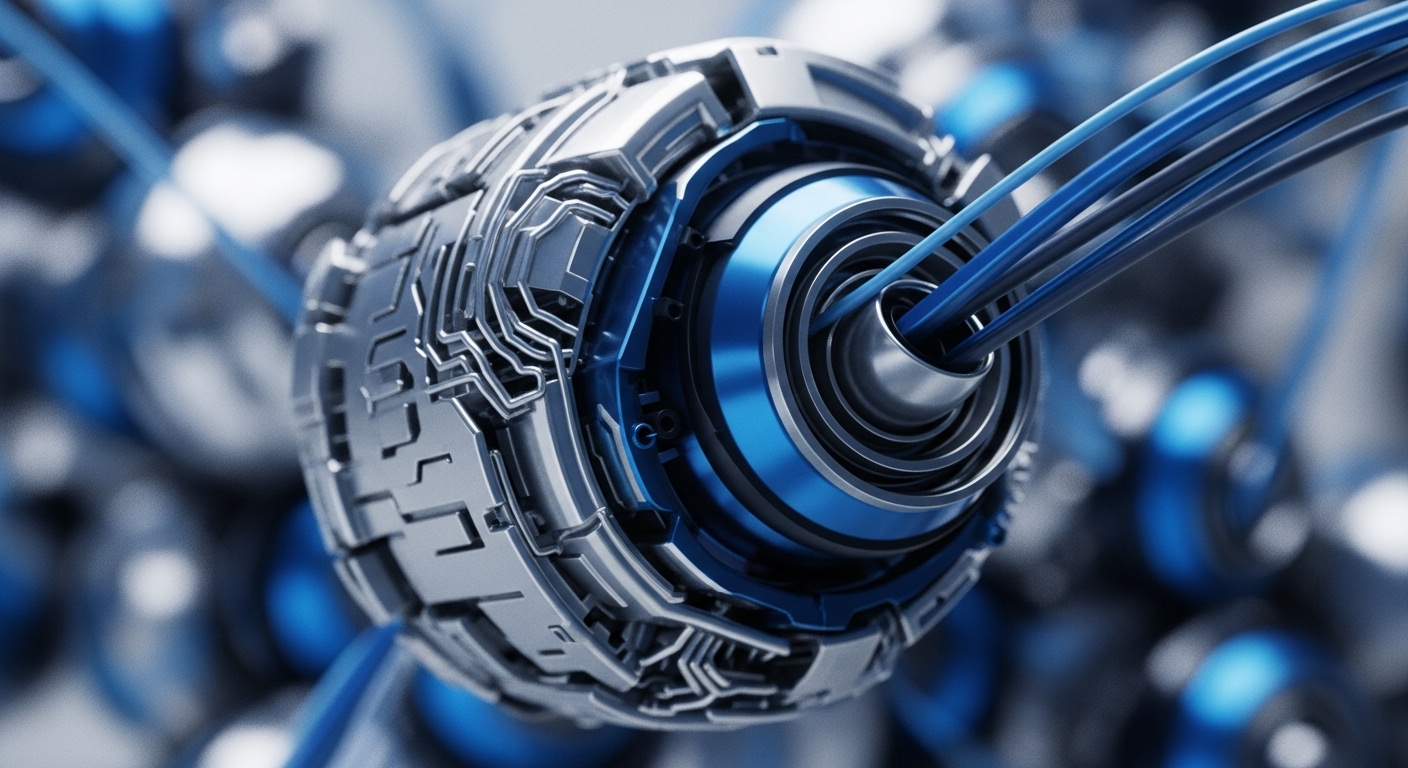 A sophisticated metallic module, characterized by intricate circuit-like engravings and a luminous blue central aperture, forms the focal point of a high-tech network. Several flexible blue cables, acting as data conduits, emanate from its core, suggesting dynamic information exchange and connectivity