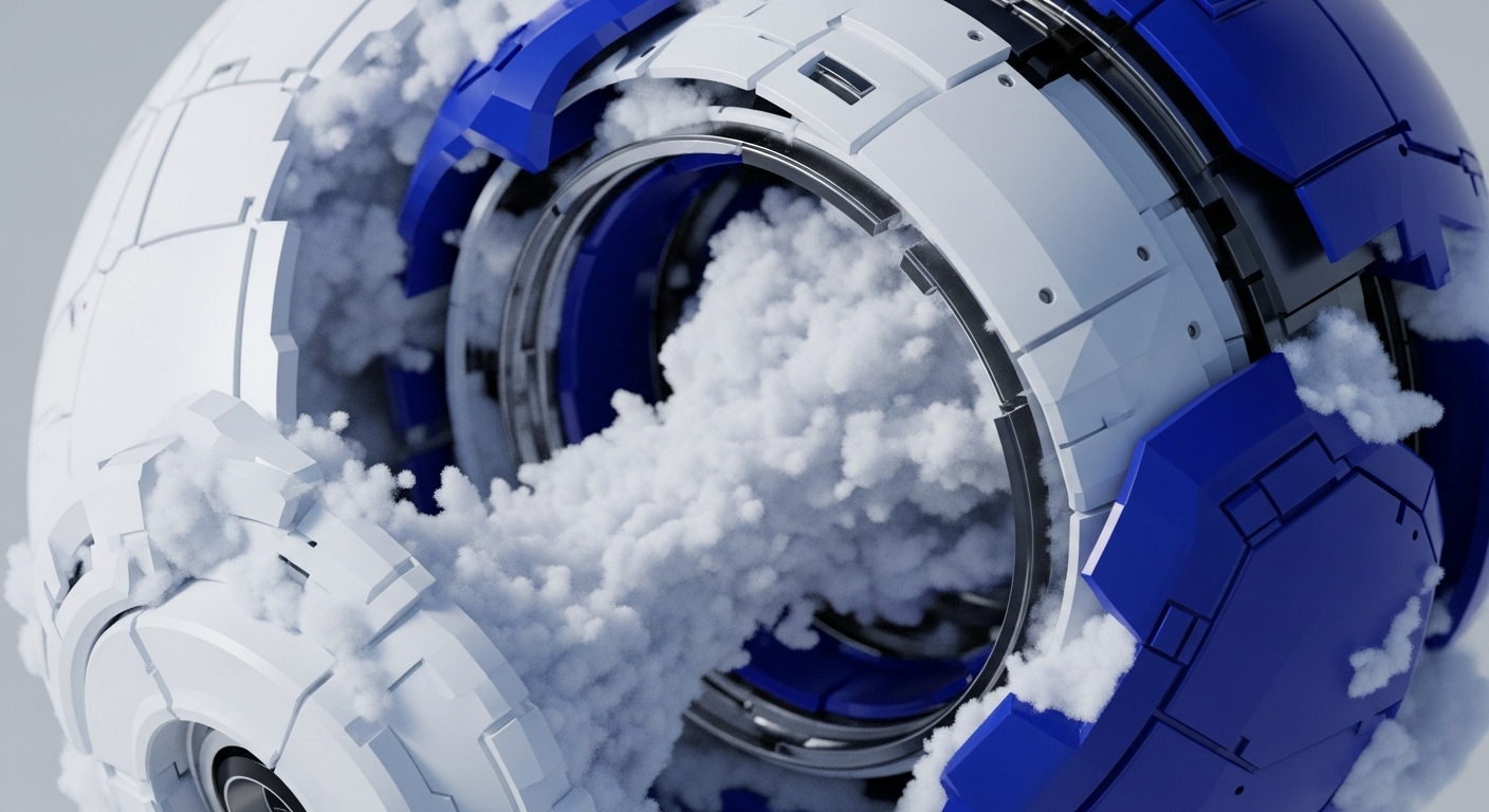 A futuristic mechanical sphere, predominantly white and blue, features intricate paneling and metallic rings, emitting voluminous white cloud-like substance from its core and seams. The visual details highlight the precision engineering of the device