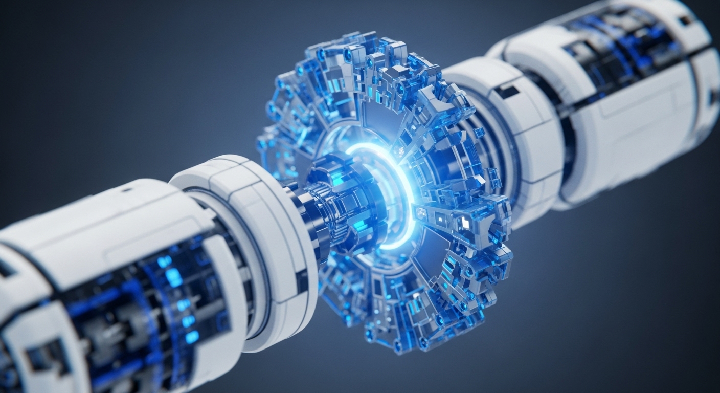 A sophisticated, futuristic mechanical apparatus features a brightly glowing blue central core, flanked by two streamlined white cylindrical modules. Visible internal blue components and intricate structures suggest advanced technological function and data processing