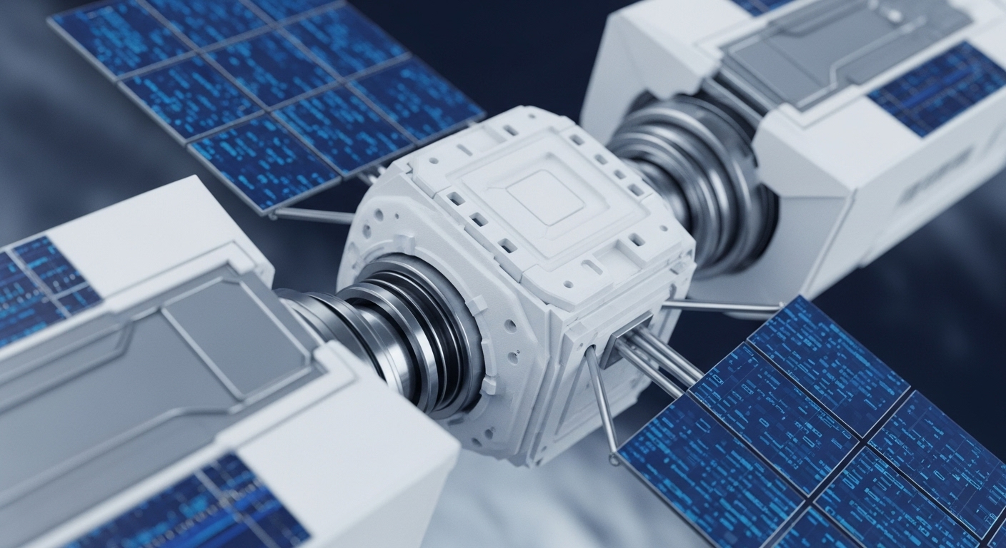 A sophisticated white and gray modular apparatus features multiple blue-lit panels displaying intricate digital patterns, suggesting advanced data processing capabilities. Mechanical components and connecting conduits are visible at its core, set against a blurred dark background