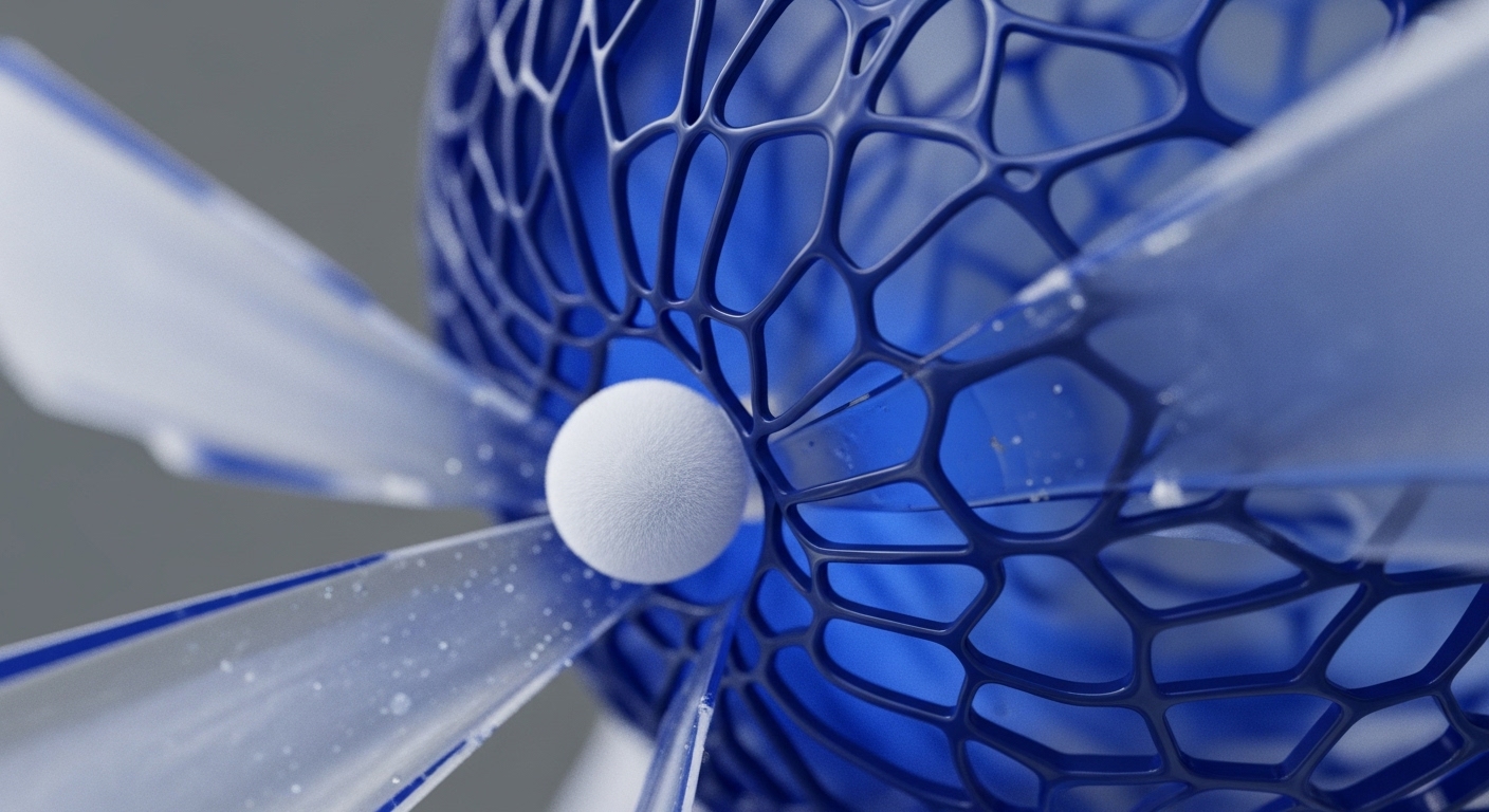 A white, fuzzy spherical object is positioned centrally, interacting with a complex blue lattice structure. Transparent, blade-like elements with blue accents and white specks extend outwards from the central interaction point, suggesting dynamic movement