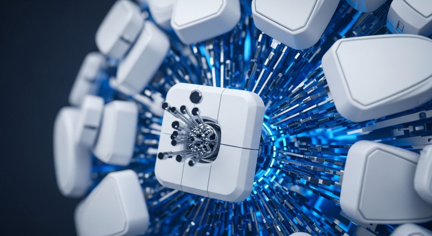 A detailed view of a central white computational module, featuring exposed fiber-optic-like conduits, surrounded by an array of polygonal white components. Vibrant blue light emanates from a dense network of radiating filaments and structural elements, creating a dynamic, interconnected system