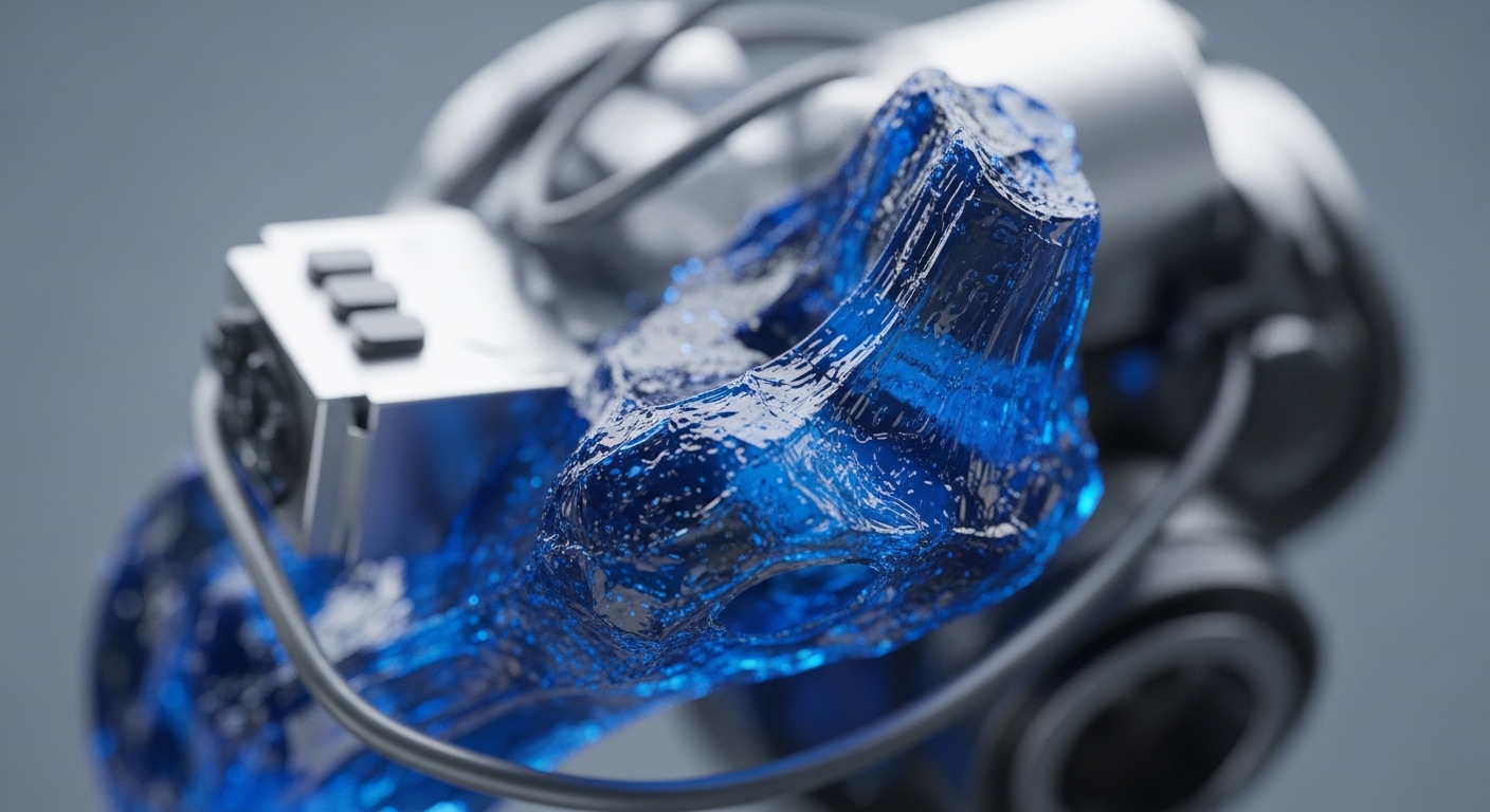 A close-up view shows a futuristic metallic device with a prominent, irregularly shaped, translucent blue substance. The blue element appears viscous and textured, integrated into the silver-grey metallic structure, which also features a control panel with three black buttons and connecting wires