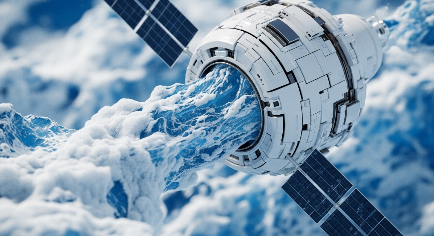 A futuristic, modular white satellite-like structure with solar panels propels a vigorous stream of frothy blue water into a cloudy, watery expanse. This central aperture serves as a symbolic protocol gateway, channeling immense data availability or liquidity flow