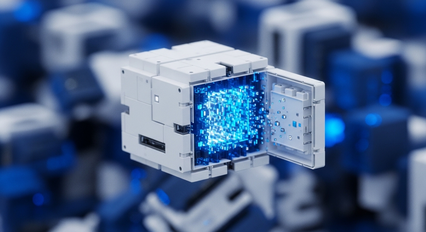 A pristine white modular unit, akin to a network node, reveals an intensely glowing blue core composed of numerous interconnected digital elements. This internal luminescence represents high-throughput data processing and cryptographic hashing, where on-chain transactions are validated. Small, dispersed digital particles emanate from the core, symbolizing fractionalized digital assets or data shards. The blurred background features multiple identical units, illustrating a distributed ledger technology DLT network architecture, emphasizing peer-to-peer consensus mechanisms and decentralized governance. This visual encapsulates the secure execution of smart contract logic within a robust blockchain infrastructure.