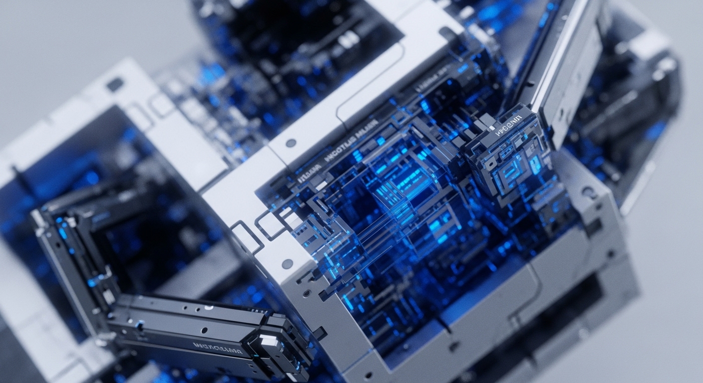 A complex, abstract cubic structure, composed of interconnected modules with intricate internal circuitry, glows with vibrant blue light. This visual representation highlights the sophisticated engineering behind a high-performance computational engine, crucial for processing on-chain data
