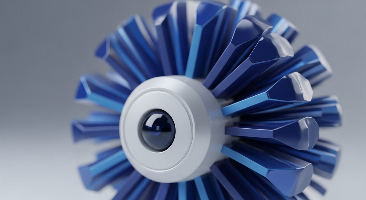 A detailed close-up reveals a futuristic, mechanical object with a central white circular hub featuring a dark, reflective spherical lens. Numerous blue, faceted, blade-like structures radiate outwards from this central hub, creating a complex, symmetrical pattern against a soft grey background