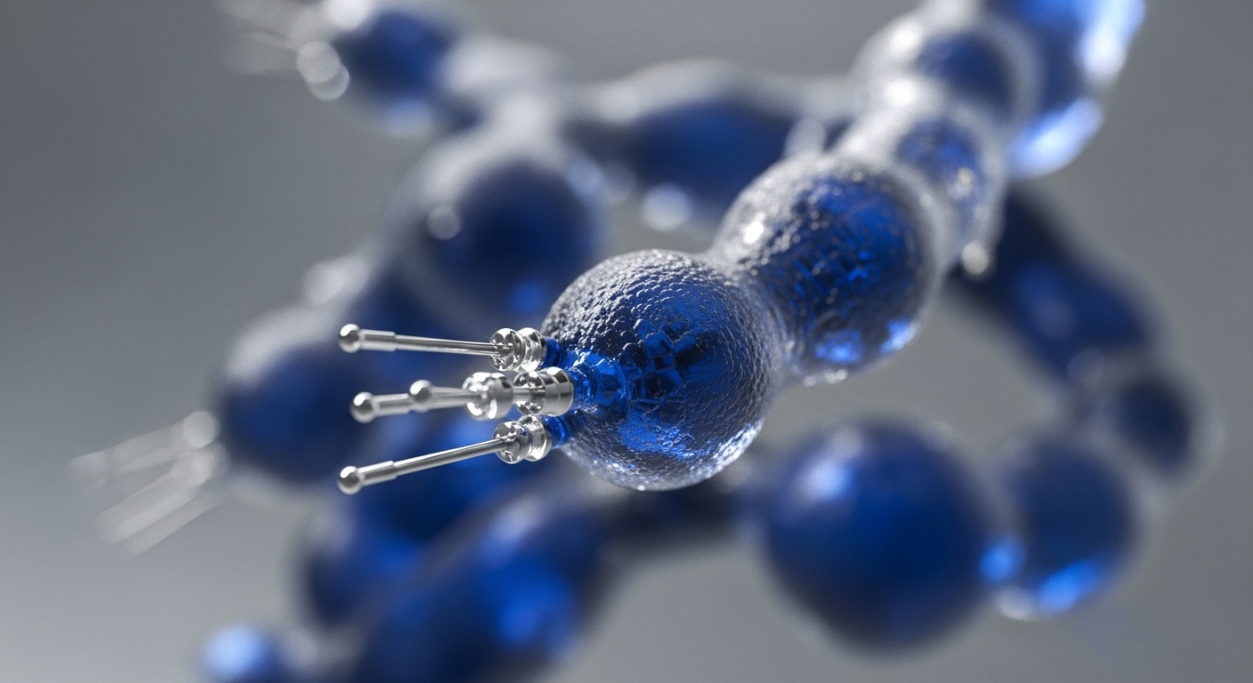 The image displays a series of interconnected, translucent blue spheres, some with a textured surface, forming a chain-like structure against a soft grey background. From a prominent central sphere, multiple metallic, rod-like probes extend outwards, suggesting intricate connectivity