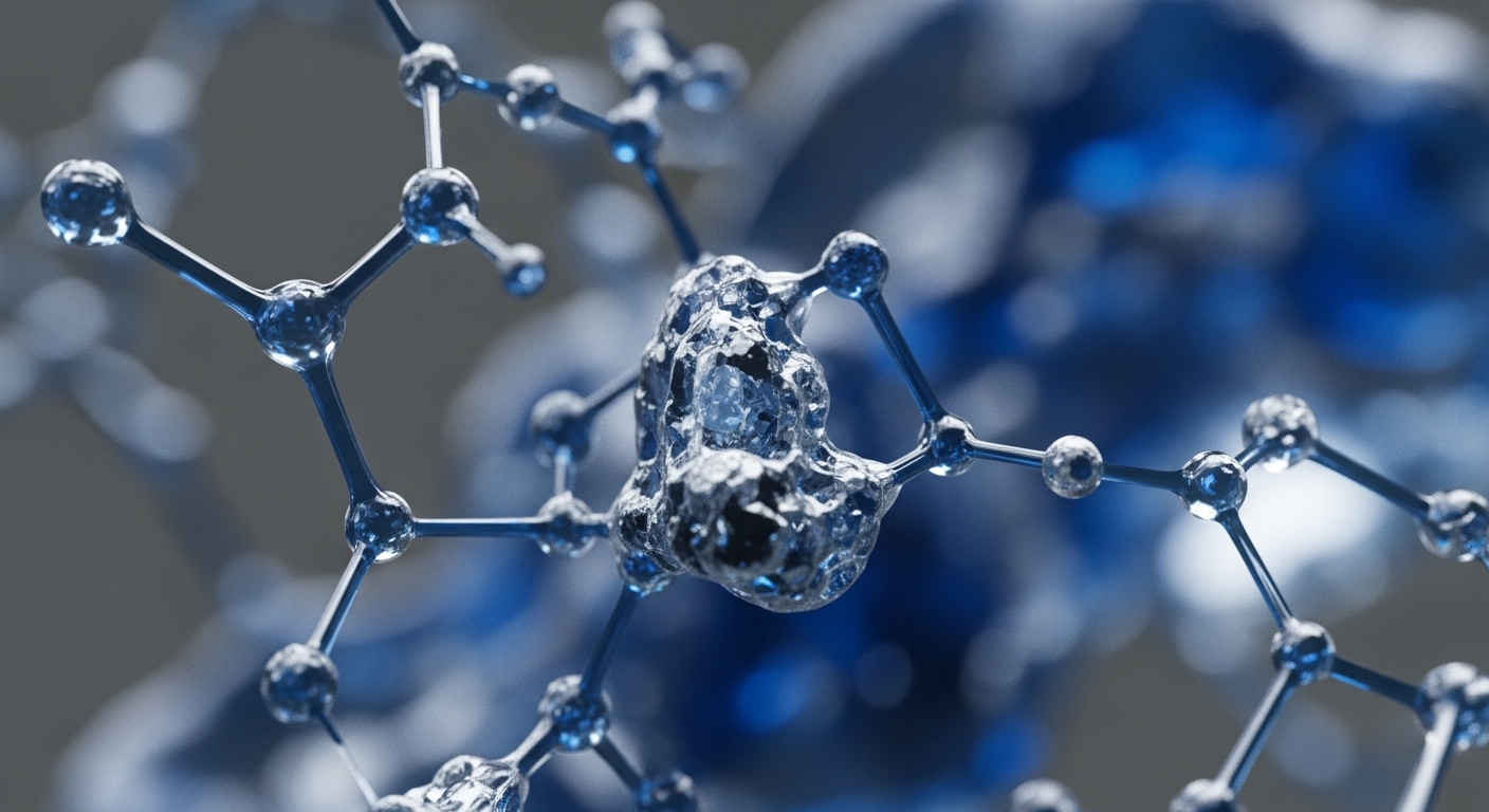 The image displays a 3D rendering of a complex molecular structure, predominantly in translucent blue. It features numerous spherical nodes connected by rod-like links, with a central, irregular, liquid-like mass dynamically forming