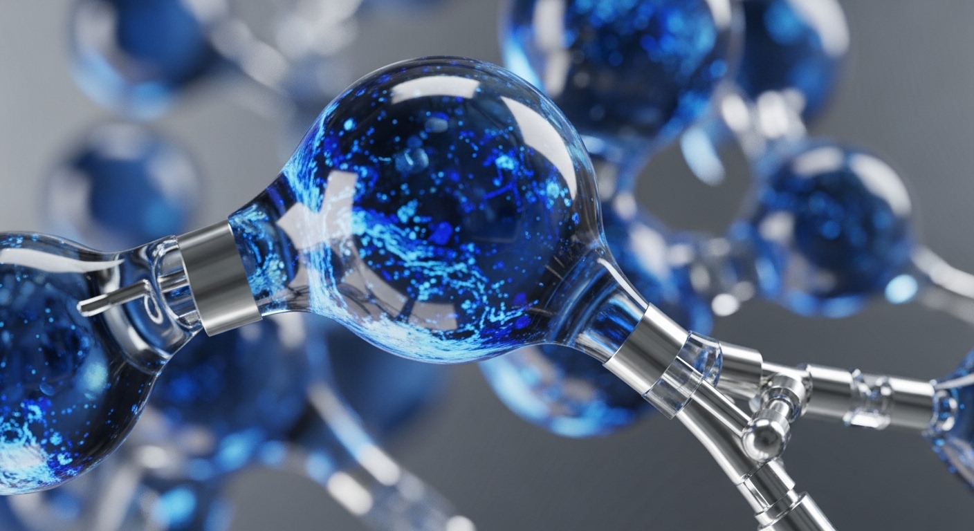 A close-up view reveals a sophisticated structure of transparent, bulbous nodes filled with effervescent blue energy, meticulously joined by gleaming silver metallic connectors. The intricate arrangement suggests a microscopic or molecular representation of an advanced system