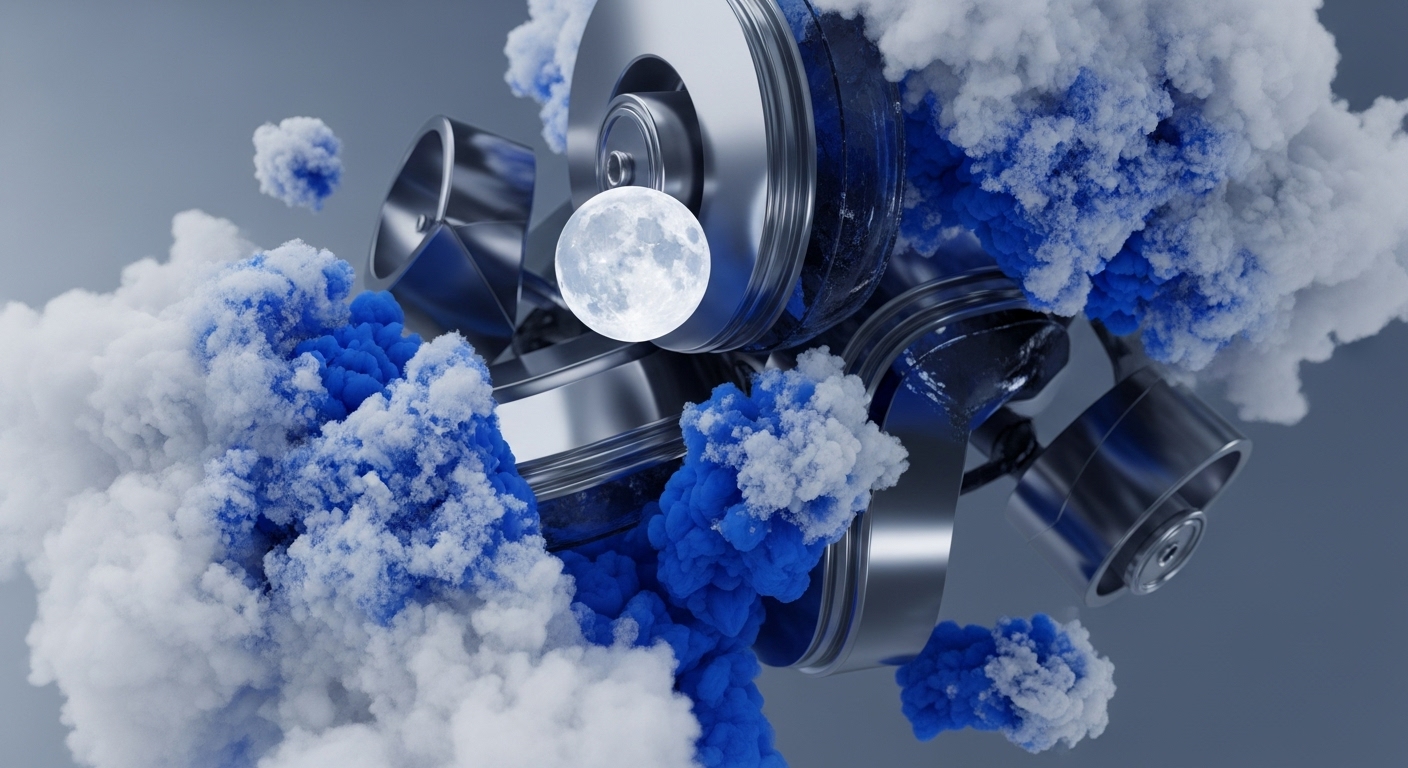 The image displays an abstract composition of metallic, cylindrical objects interspersed with voluminous clouds of white and blue smoke. A glowing, textured sphere resembling the moon is centrally positioned among the metallic forms