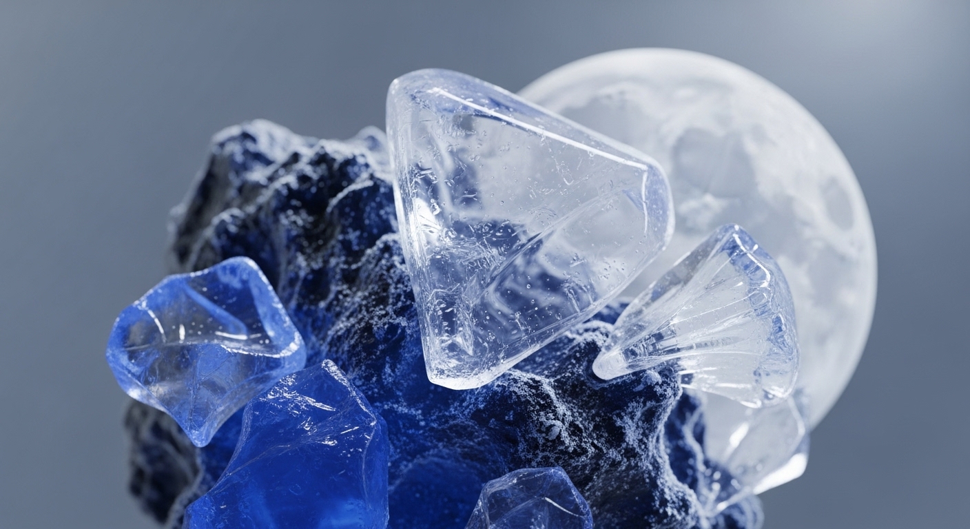 Crystalline digital assets, some clear and others sapphire-blue, rest upon a dark, textured surface resembling a foundational blockchain or distributed ledger. These transparent tokens, indicative of immutable data and robust smart contracts, are interspersed with darker elements representing network nodes. A prominent, pale, spherical celestial body, perhaps symbolizing a moonshot or a future oracle, looms in the background, suggesting the vast potential of Web3 infrastructure. The composition evokes concepts of cold storage security and the genesis block of new tokenomics, highlighting the inherent value within a decentralized ecosystem.