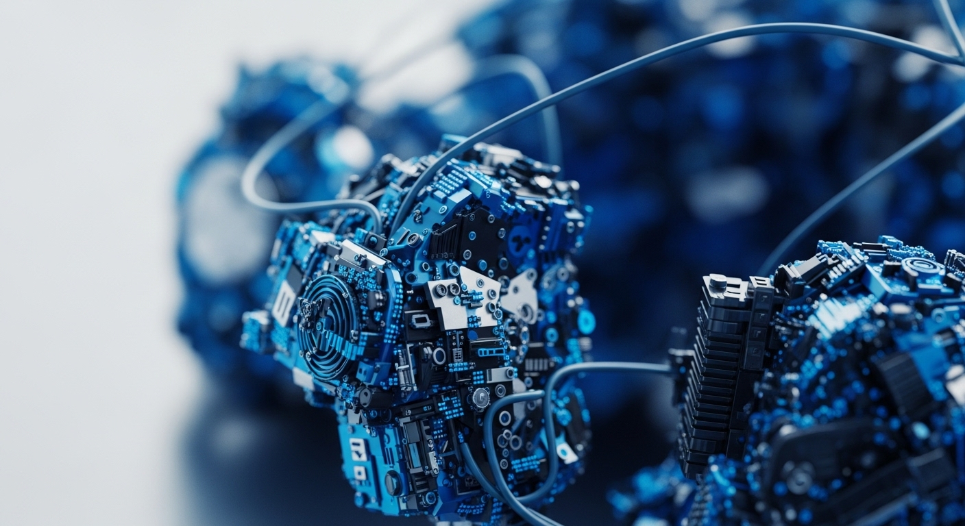 A close-up view reveals intricate blue and black electronic components, circuit boards, and connecting wires forming a complex, abstract digital structure. These elements are sharply focused in the foreground, showcasing detailed textures and interconnections, while the background remains blurred with diffuse blue light