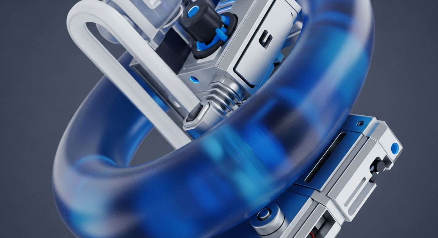 A complex, translucent blue toroidal structure is interwoven with metallic and blue mechanical components. Bright blue internal illumination suggests active data integrity and efficient transaction throughput within a decentralized network. Modular silver units, resembling validator nodes or protocol stack elements, are securely attached, implying robust blockchain architecture. The intricate connections and glowing conduits symbolize seamless cross-chain communication and smart contract execution. This visual metaphor represents the underlying digital asset infrastructure and the intricate workings of a distributed ledger technology DLT, emphasizing on-chain governance and cryptographic primitives essential for Web3 ecosystems.