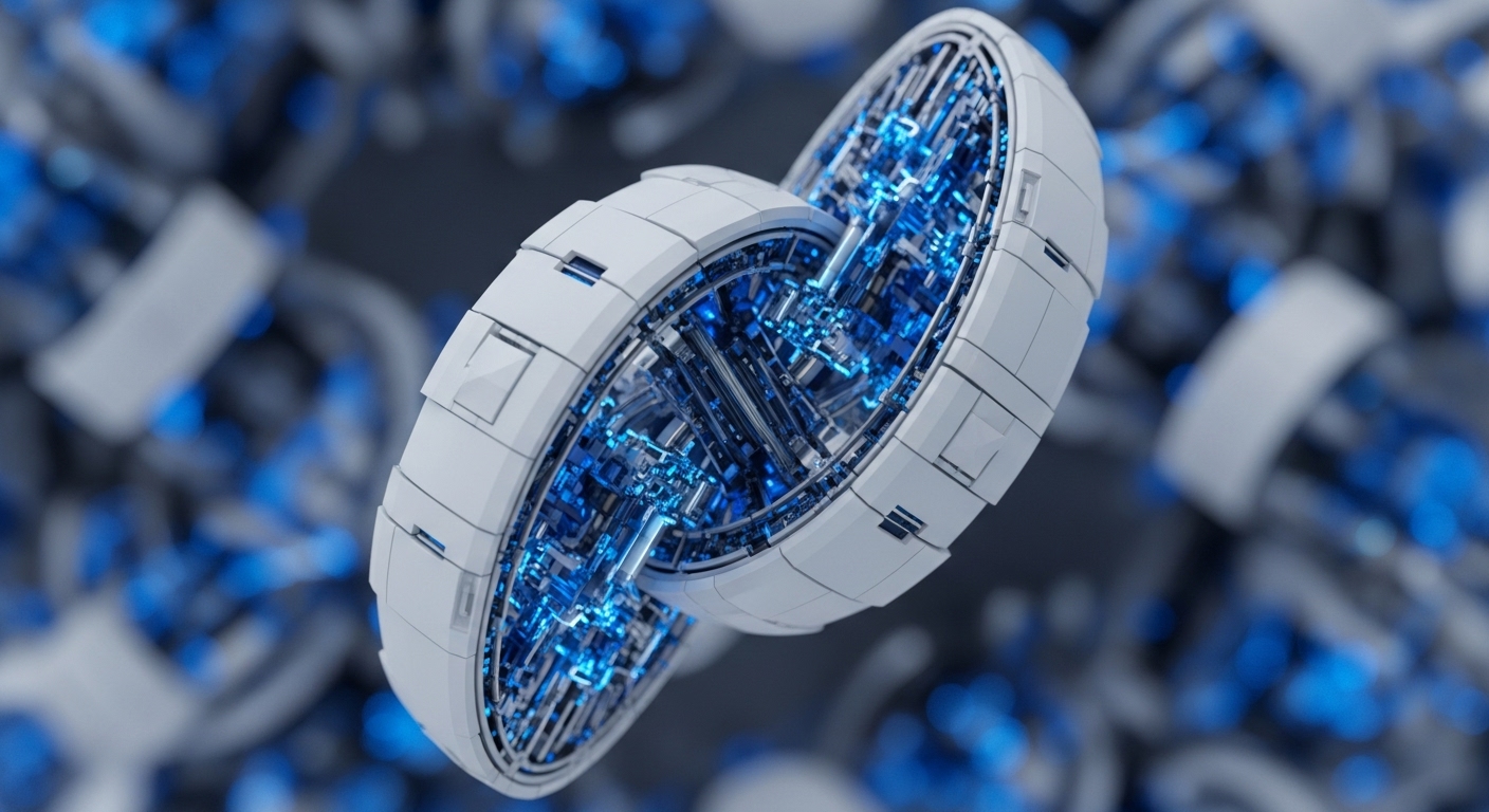 The image displays two interconnected, futuristic, white and grey oval-shaped objects, showcasing intricate blue glowing internal circuitry. These primary elements are sharply in focus, while a blurred background reveals more similar, glowing blue components, suggesting a vast network