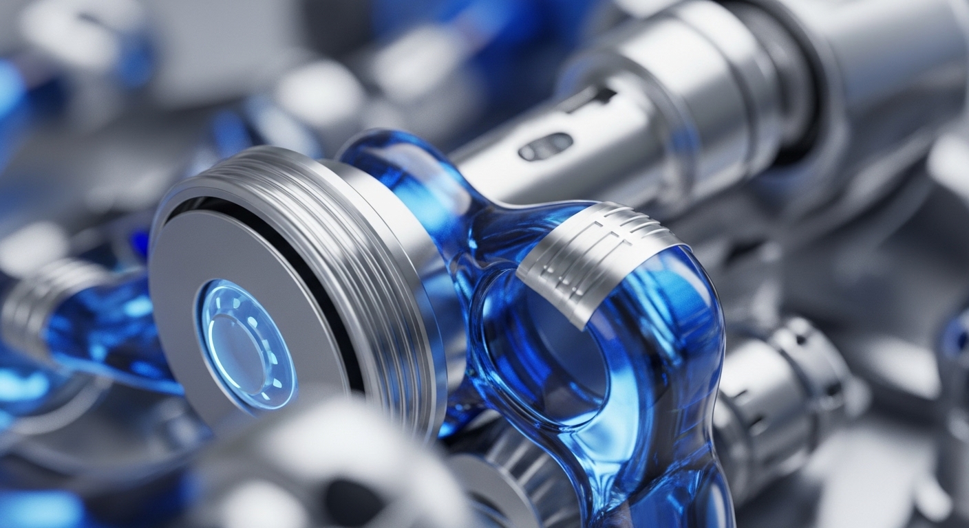 The image displays a detailed close-up of futuristic mechanical components, featuring polished silver structures and vibrant, translucent blue elements that appear to be fluidic conduits or energy pathways. A central metallic disc with a glowing blue core is prominent, surrounded by intricate, interconnected parts suggesting a high-tech, precision-engineered system