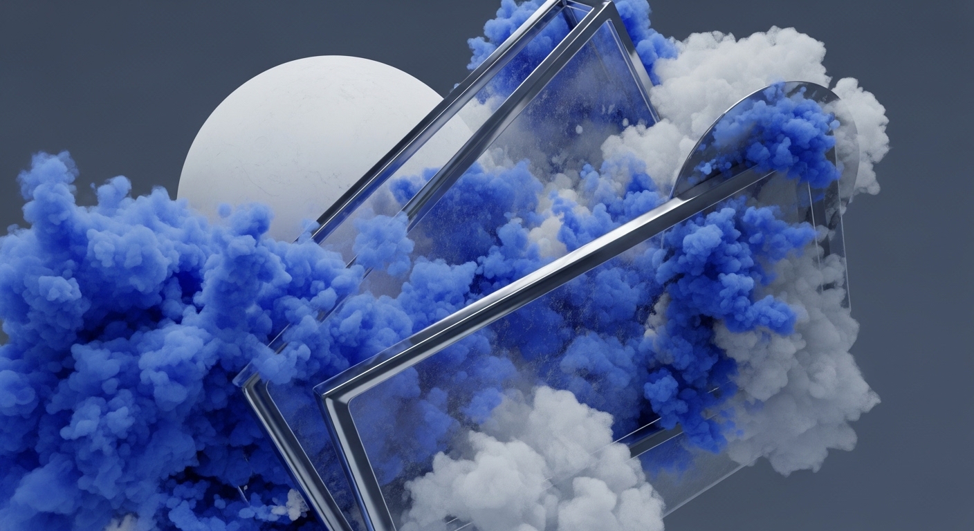A vibrant abstract composition showcases voluminous blue and white smoke-like forms intermingling with multiple transparent, metallic-edged rectangular prisms and a prominent white sphere, all set against a muted grey background. The dynamic interplay of these elements creates a sense of movement and depth, suggesting complex processes within a structured environment