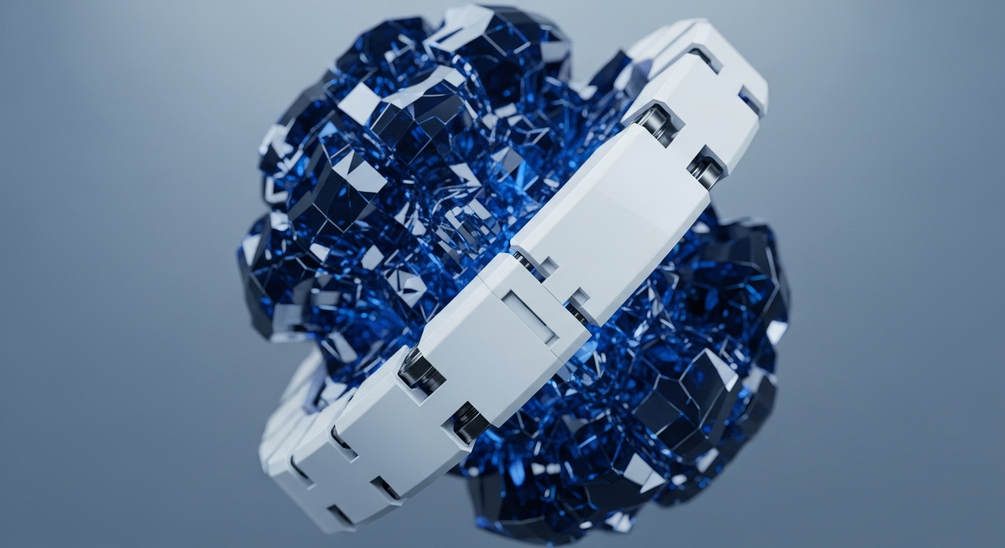 The image presents a dynamic abstract structure featuring a central mass of interconnected, reflective blue geometric shards enveloped by a sleek, segmented white band. This visual metaphor illustrates a sophisticated blockchain architecture