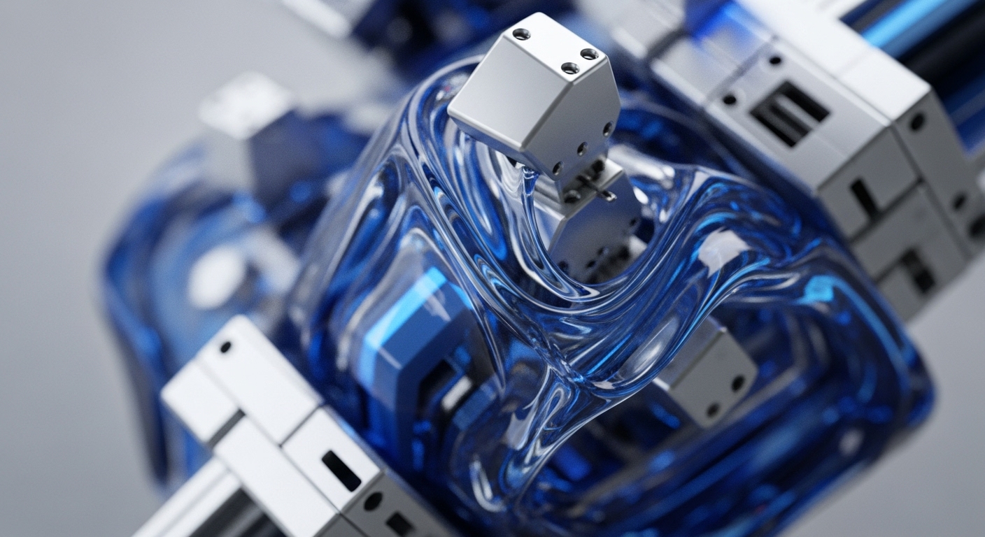 The image showcases a close-up of highly detailed, metallic modular units, appearing to be interconnected, partially submerged within a vibrant, translucent blue fluid. The fluid exhibits dynamic, wave-like patterns, reflecting light and creating a sense of movement around the structured components