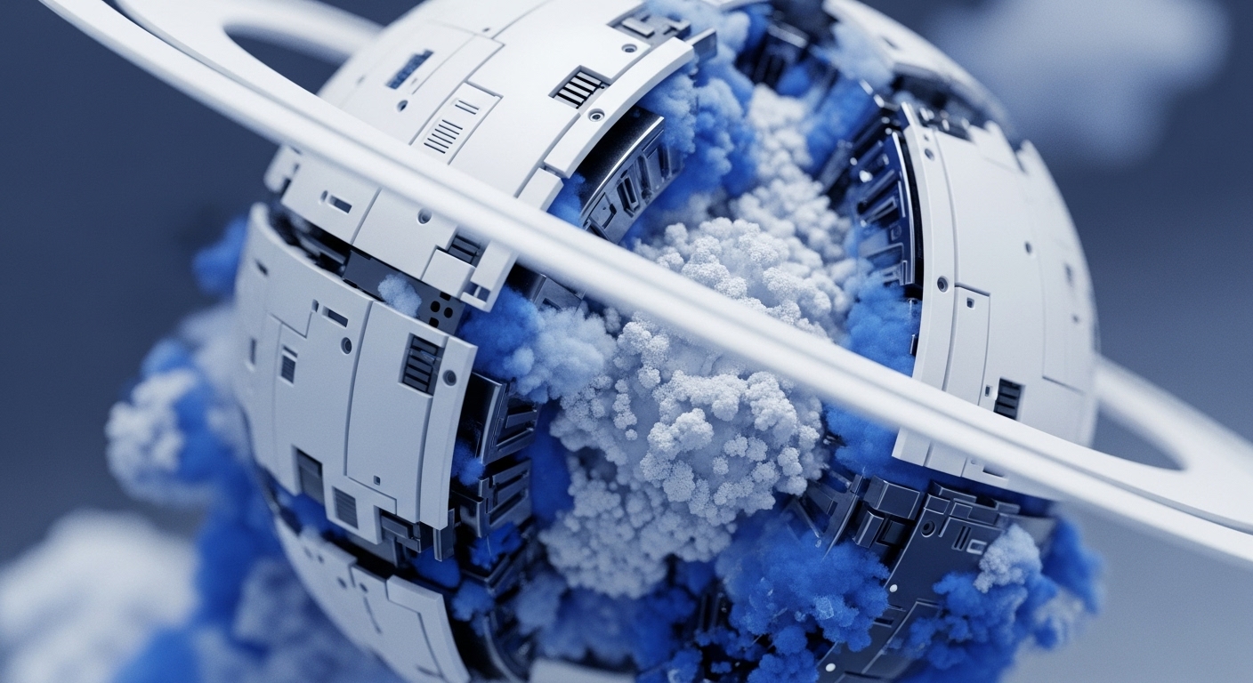 A segmented spherical object, resembling a futuristic planet with two distinct orbital rings, is prominently displayed against a muted blue background. Its surface is composed of geometric white panels detailed with vents and recesses, revealing vibrant blue and white cloud-like formations emanating from within its core and crevices