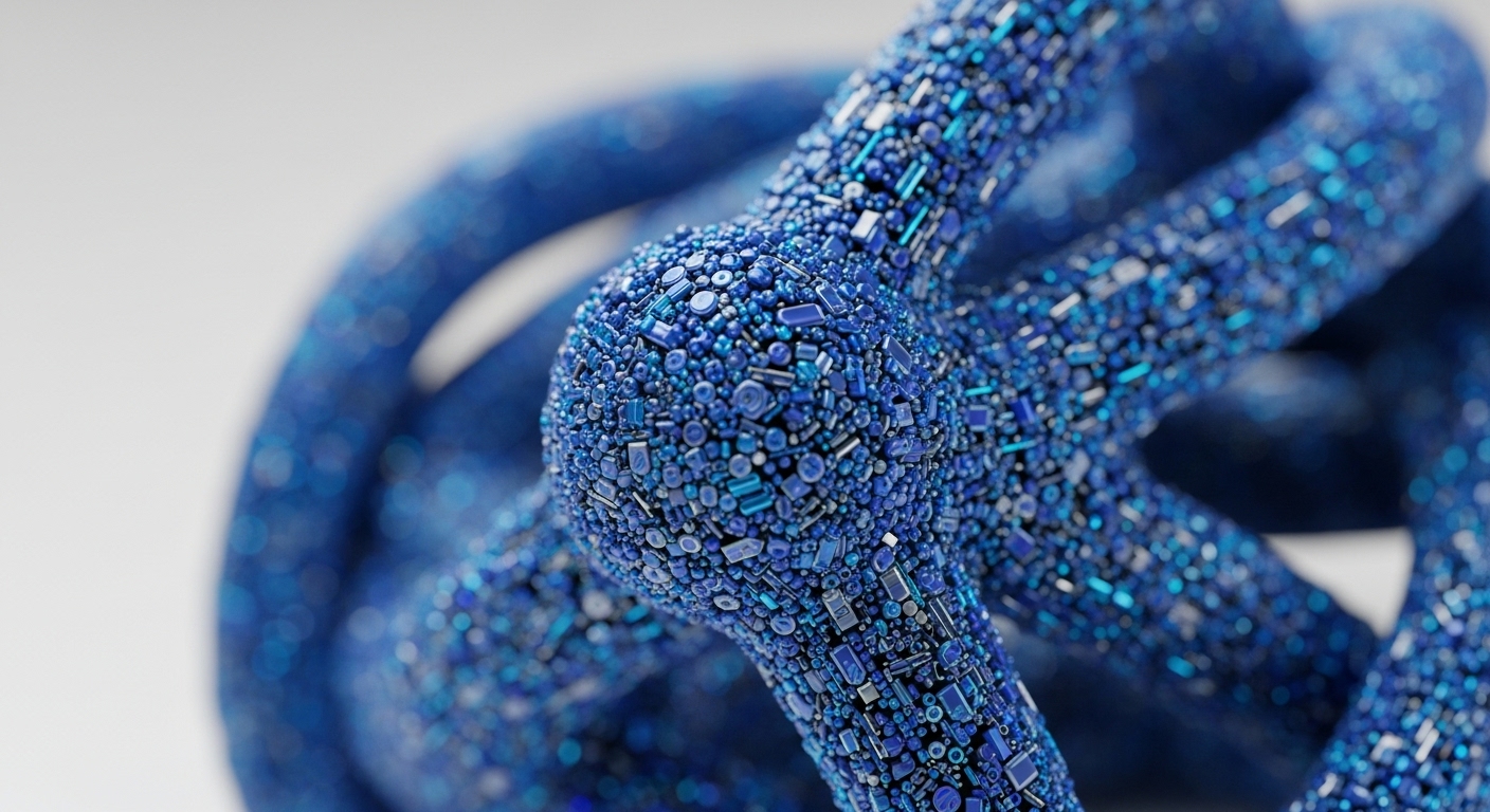 A detailed perspective reveals an interwoven structure composed of innumerable tiny, shimmering blue and cyan components, creating a highly textured, complex form. The elements vary in shape, from minute circular nodes to elongated rectangular units, meticulously arranged to depict a sophisticated digital framework