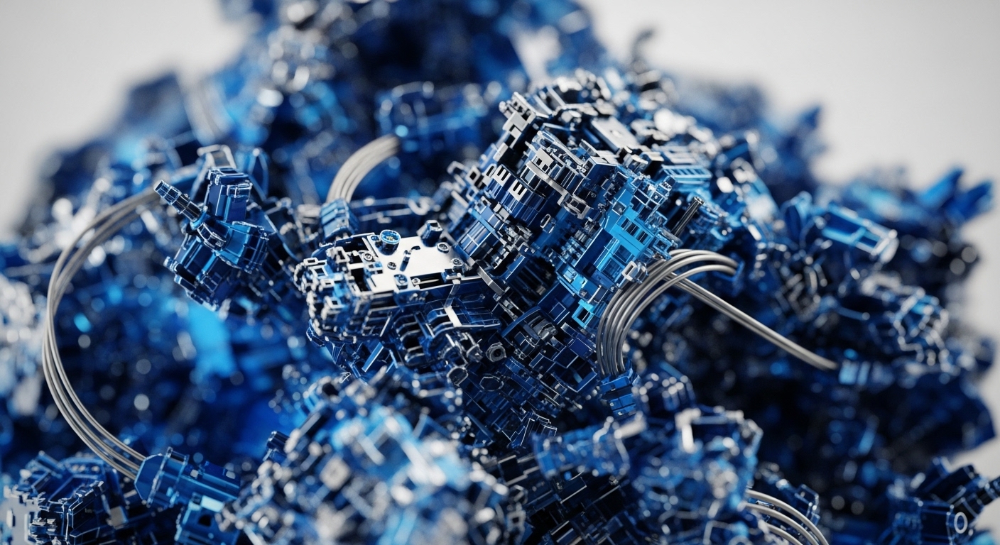 The image displays a detailed view of numerous metallic blue, geometric components resembling microprocessors or circuit elements, densely packed together. Multiple thin, silver-gray wires create complex interconnections between these individual modules