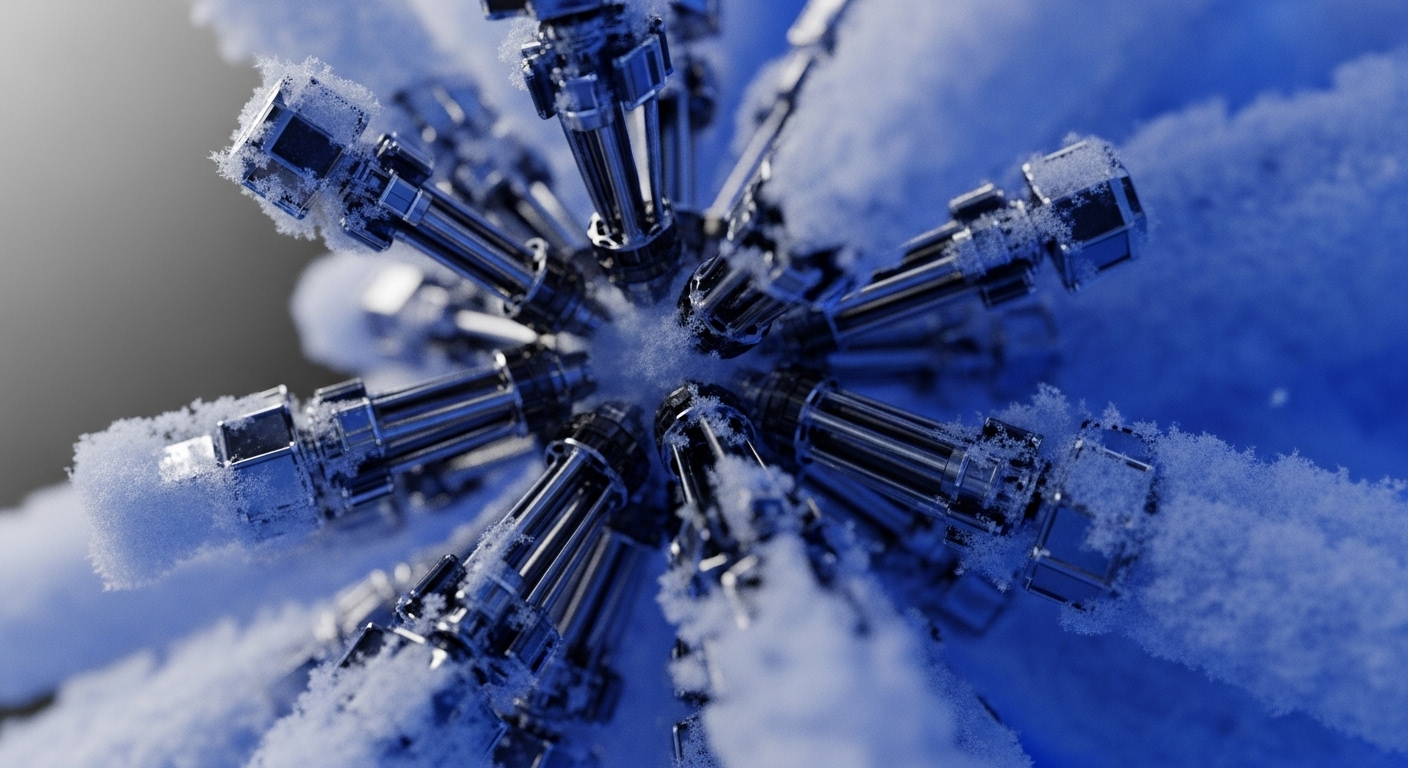 A detailed overhead view captures a complex, metallic, snowflake-like structure heavily covered in white frost and ice crystals, set against a gradient blue-grey background. Numerous polished silver arms extend radially from a central point, each ending in a distinct hexagonal or square component, all adorned with intricate ice formations