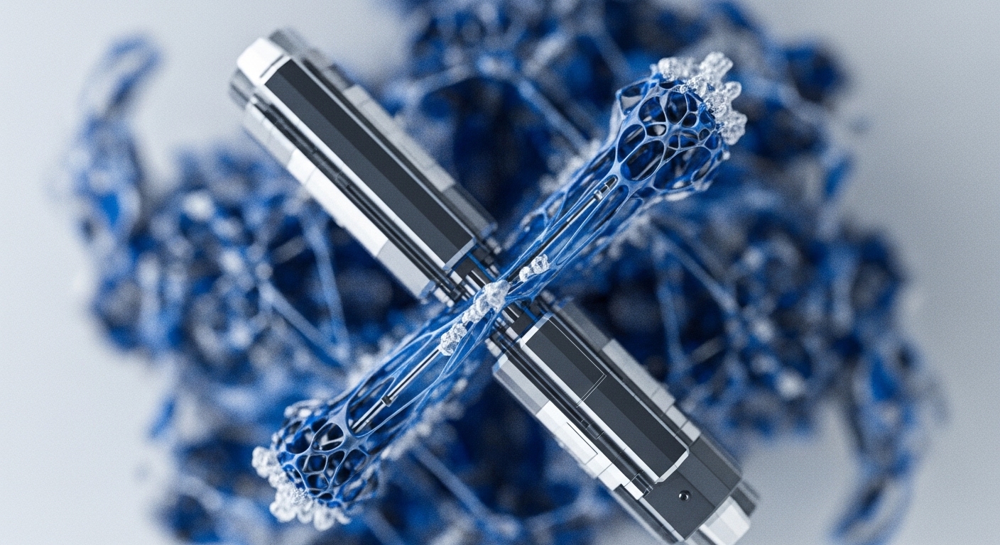 The image displays two intersecting metallic structures forming an 'X', with their central portions and extensions composed of a translucent blue, organic-looking lattice. This intricate network is set against a blurred background of similar blue, interconnected elements