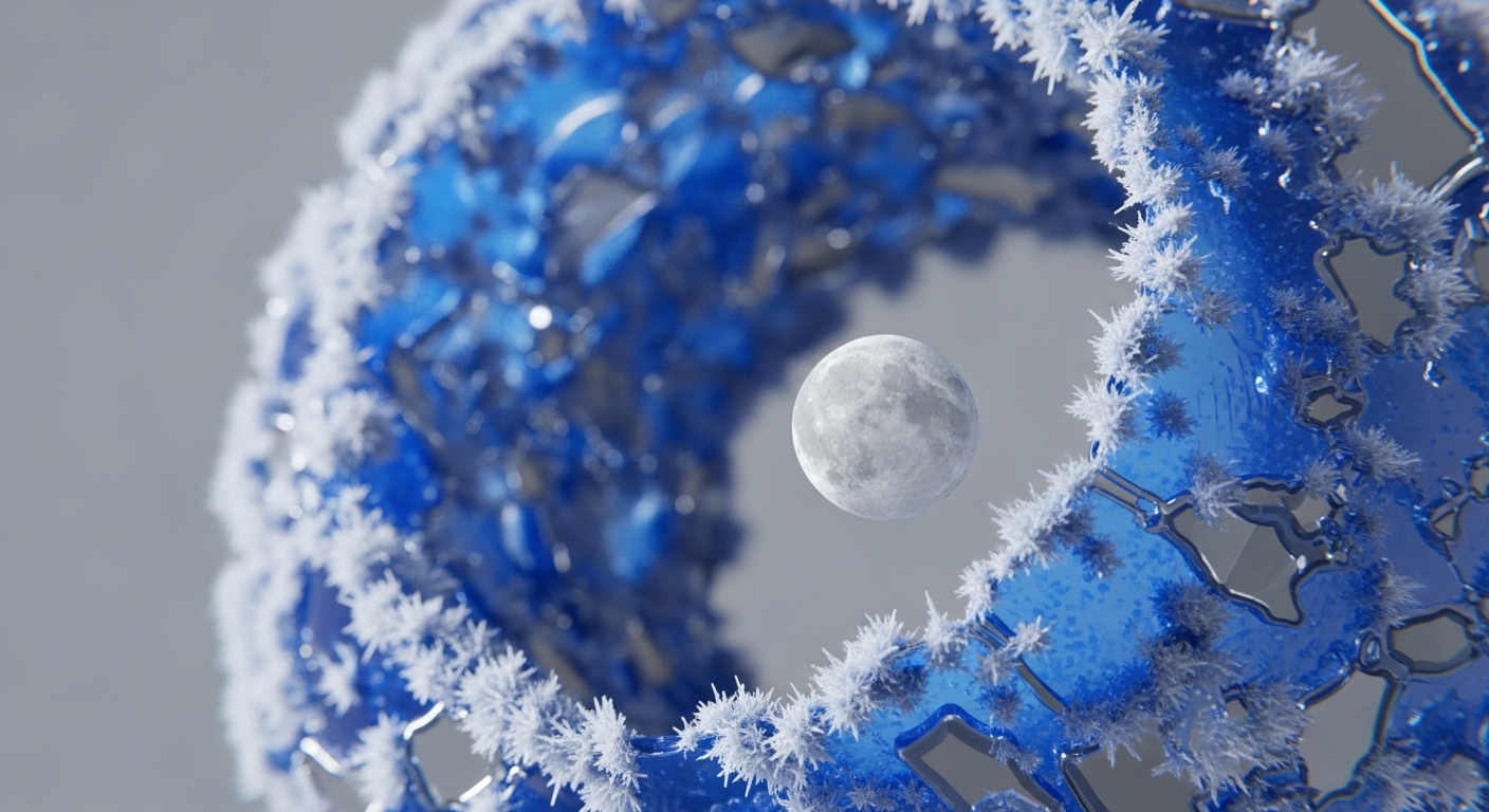 A complex, icy blue toroidal structure, reminiscent of a decentralized autonomous organization DAO framework, dominates the foreground. Its surface features intricate sharding patterns and crystalline proof-of-stake PoS validator nodes, symbolizing robust blockchain architecture and data integrity. Within its core, a luminous moon, representing a stablecoin or a foundational digital asset, floats, anchoring the tokenomics model. The frosty textures evoke cold storage security and immutability within a Web3 ecosystem, highlighting advanced cryptographic hash functions securing on-chain governance.